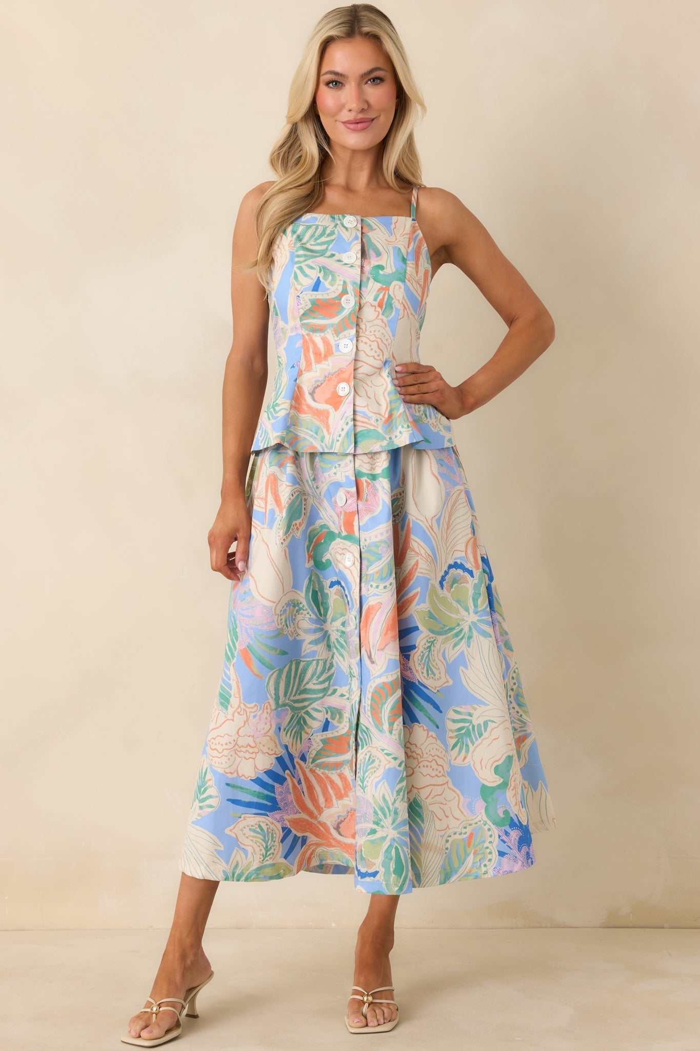 Women's Summer Sketchbook Blue Multi Floral Button-Front Maxi Skirt | 100% Cotton 1
