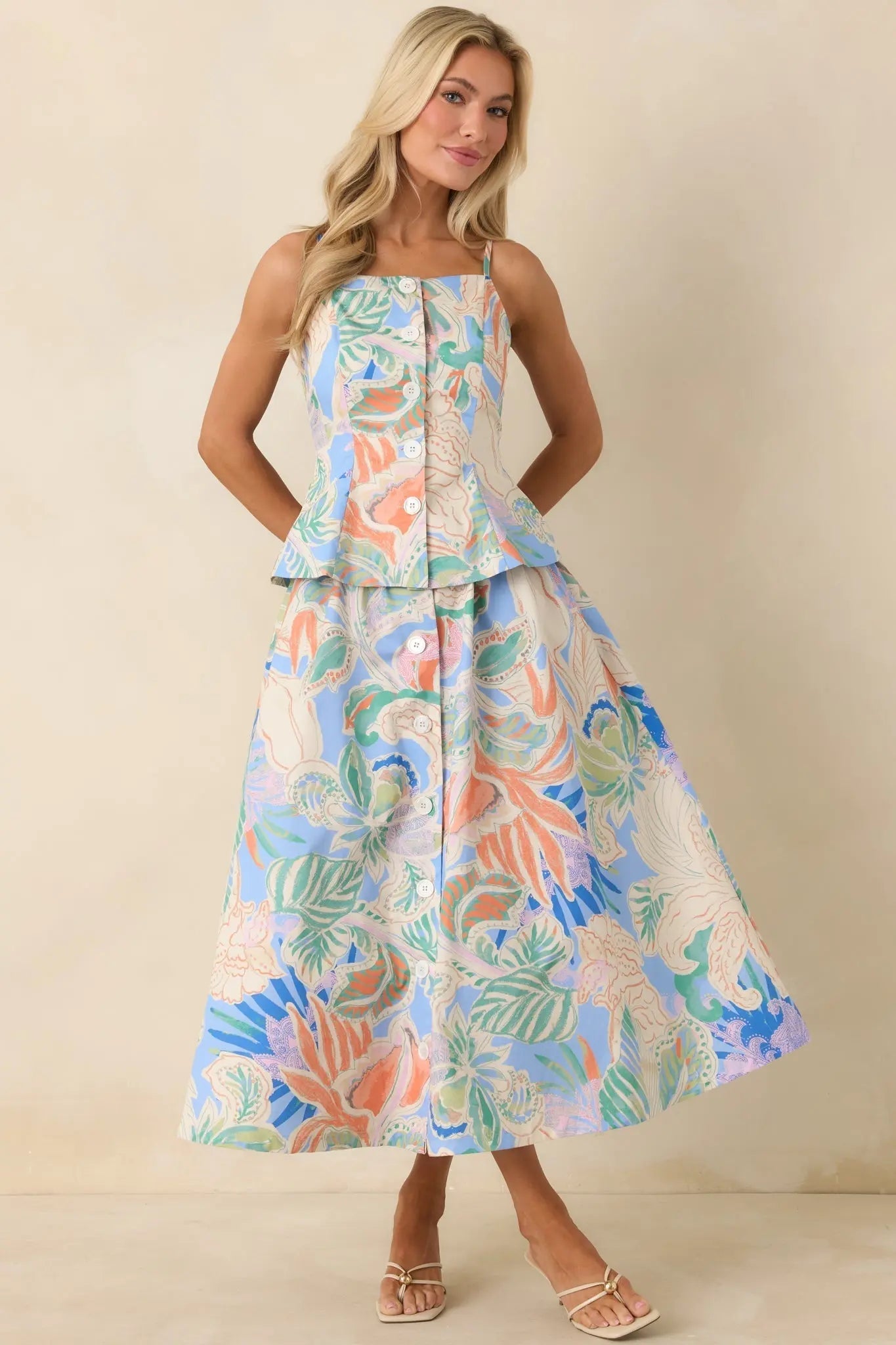 Women's Summer Sketchbook Blue Multi Floral Button-Front Peplum Top | 100% Cotton 3