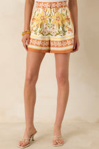 Women's Sunny Side of Life Terracotta Orange Multi Floral Print Shorts | 70% Rayon & 30% Linen 1