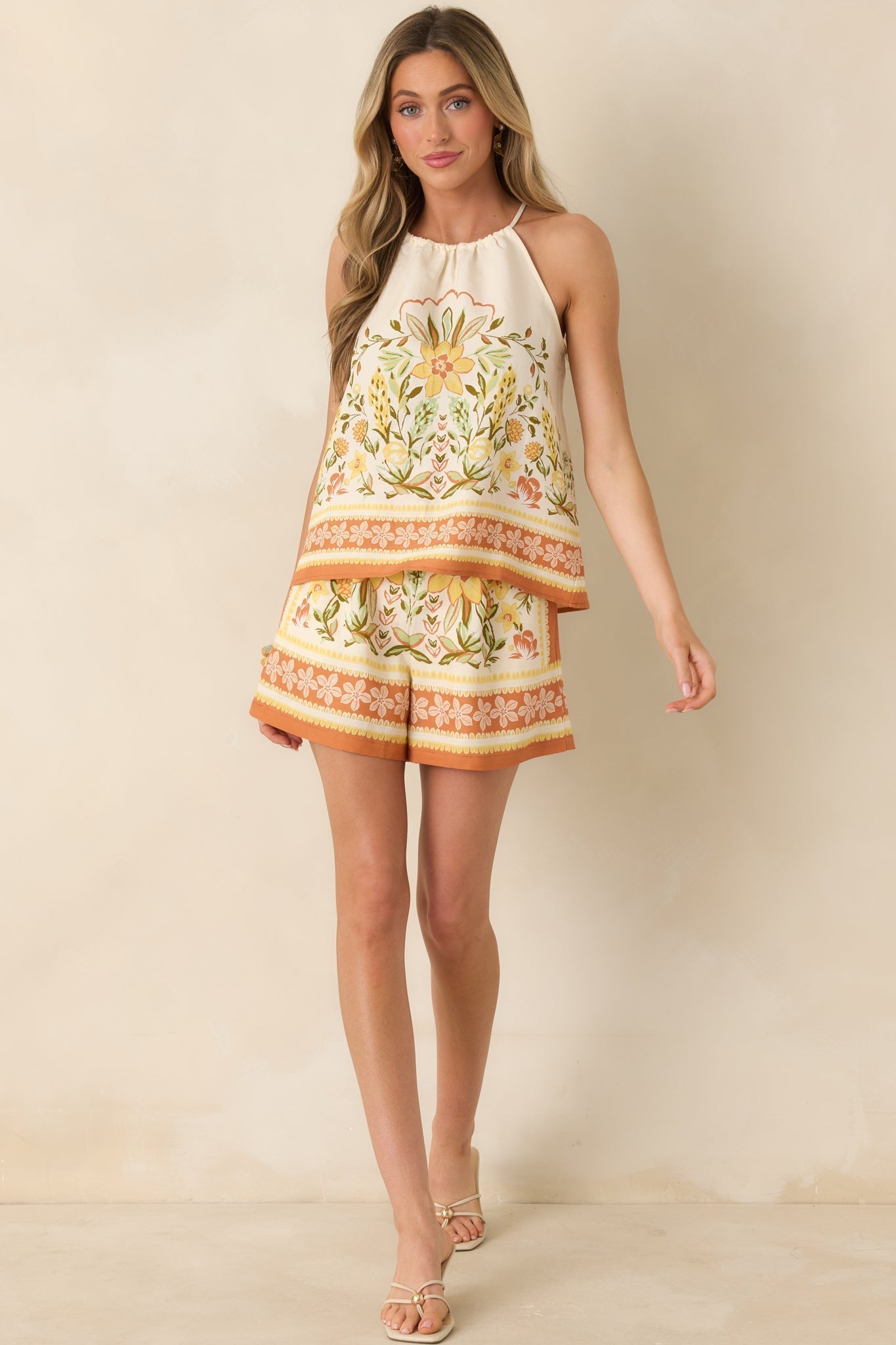 Women's Sunny Side of Life Terracotta Orange Multi Floral Print Shorts | 70% Rayon & 30% Linen 4