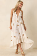 Women's Sunwashed Sands Light Beige Cotton Coastal Embroidered Midi Dress | 100% Cotton 0