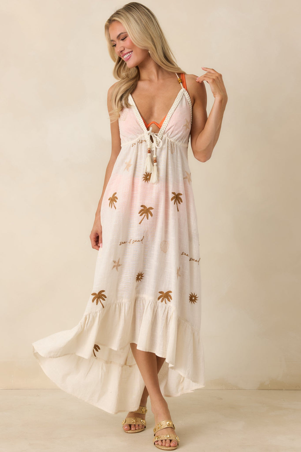 Women's Sunwashed Sands Light Beige Cotton Coastal Embroidered Midi Dress | 100% Cotton 3
