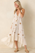 Women's Sunwashed Sands Light Beige Cotton Coastal Embroidered Midi Dress | 100% Cotton 4