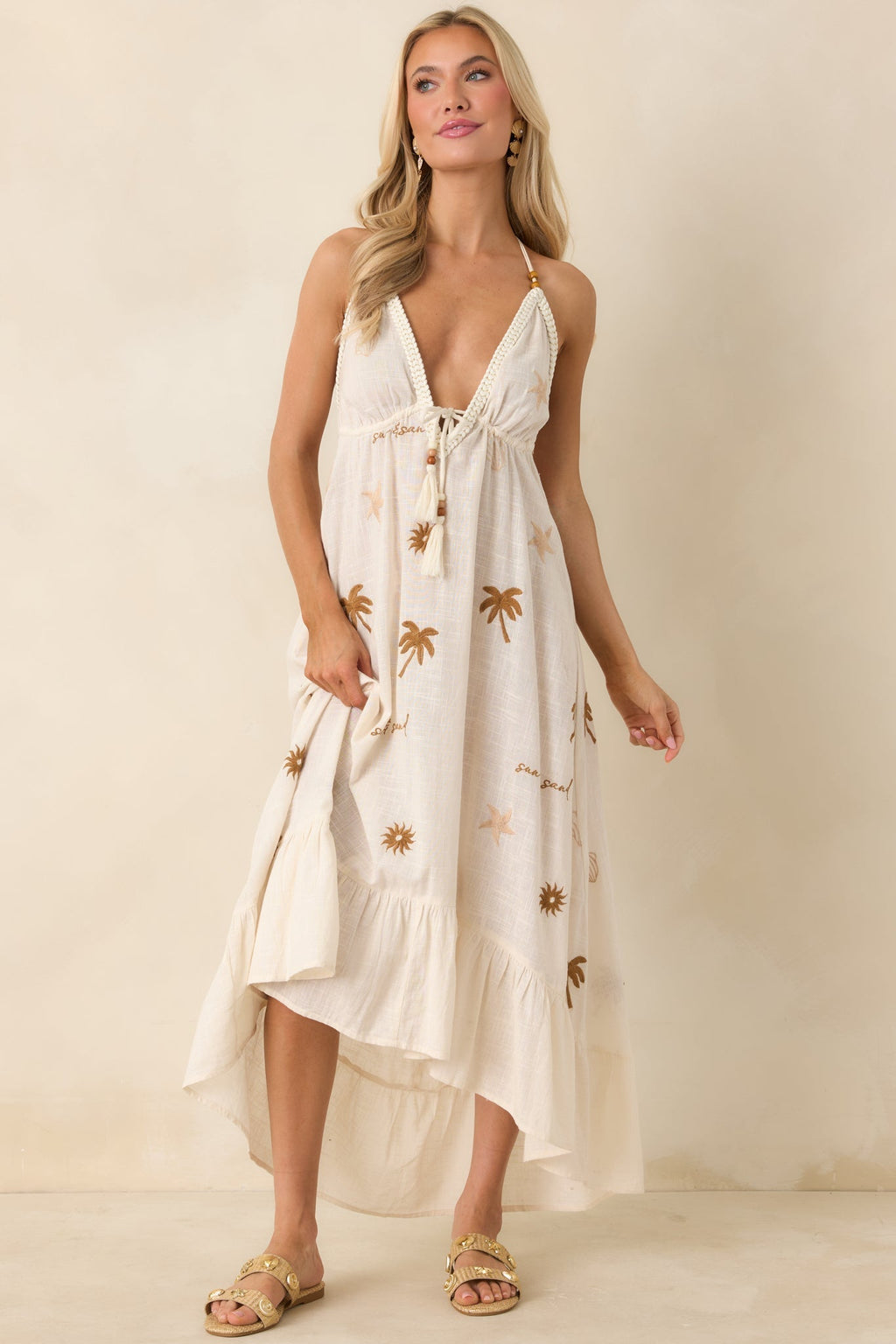 Women's Sunwashed Sands Light Beige Cotton Coastal Embroidered Midi Dress | 100% Cotton 5