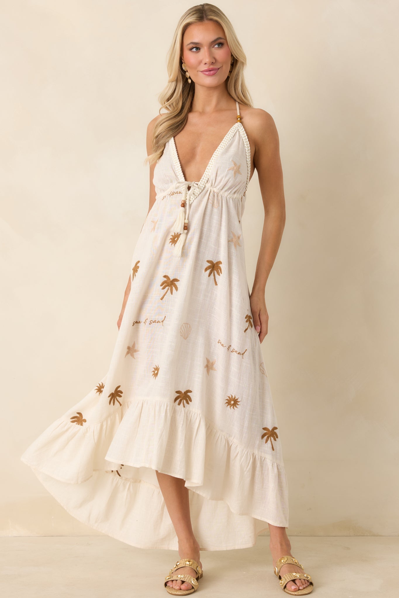 Women's Sunwashed Sands Light Beige Cotton Coastal Embroidered Midi Dress | 100% Cotton 6