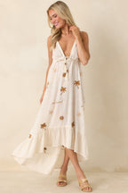 Women's Sunwashed Sands Light Beige Cotton Coastal Embroidered Midi Dress | 100% Cotton 7