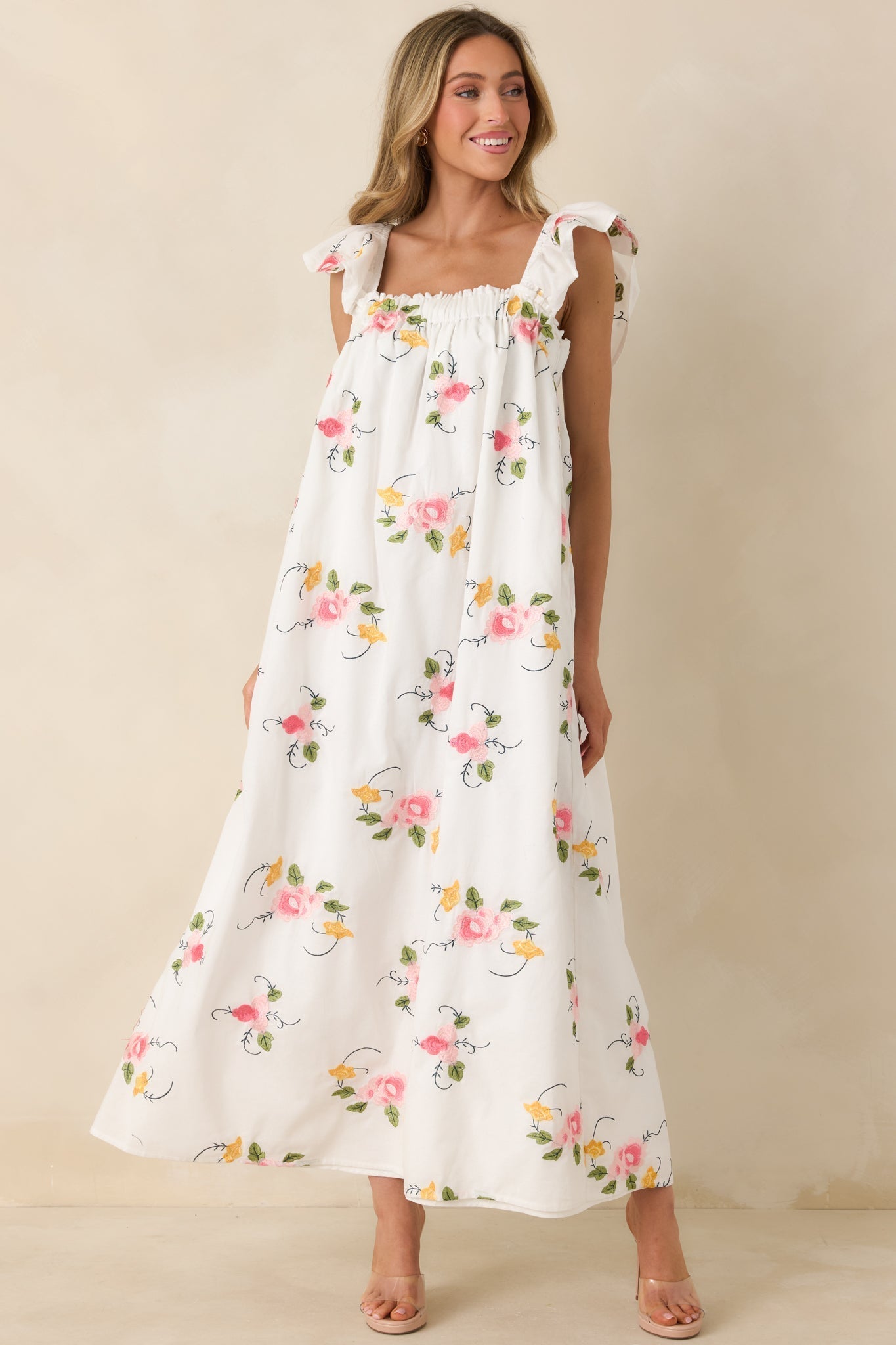 Women's Sweet Briar Blossom White Multi Floral Embroidered Maxi Dress | 70% Cotton & 30% Linen 0
