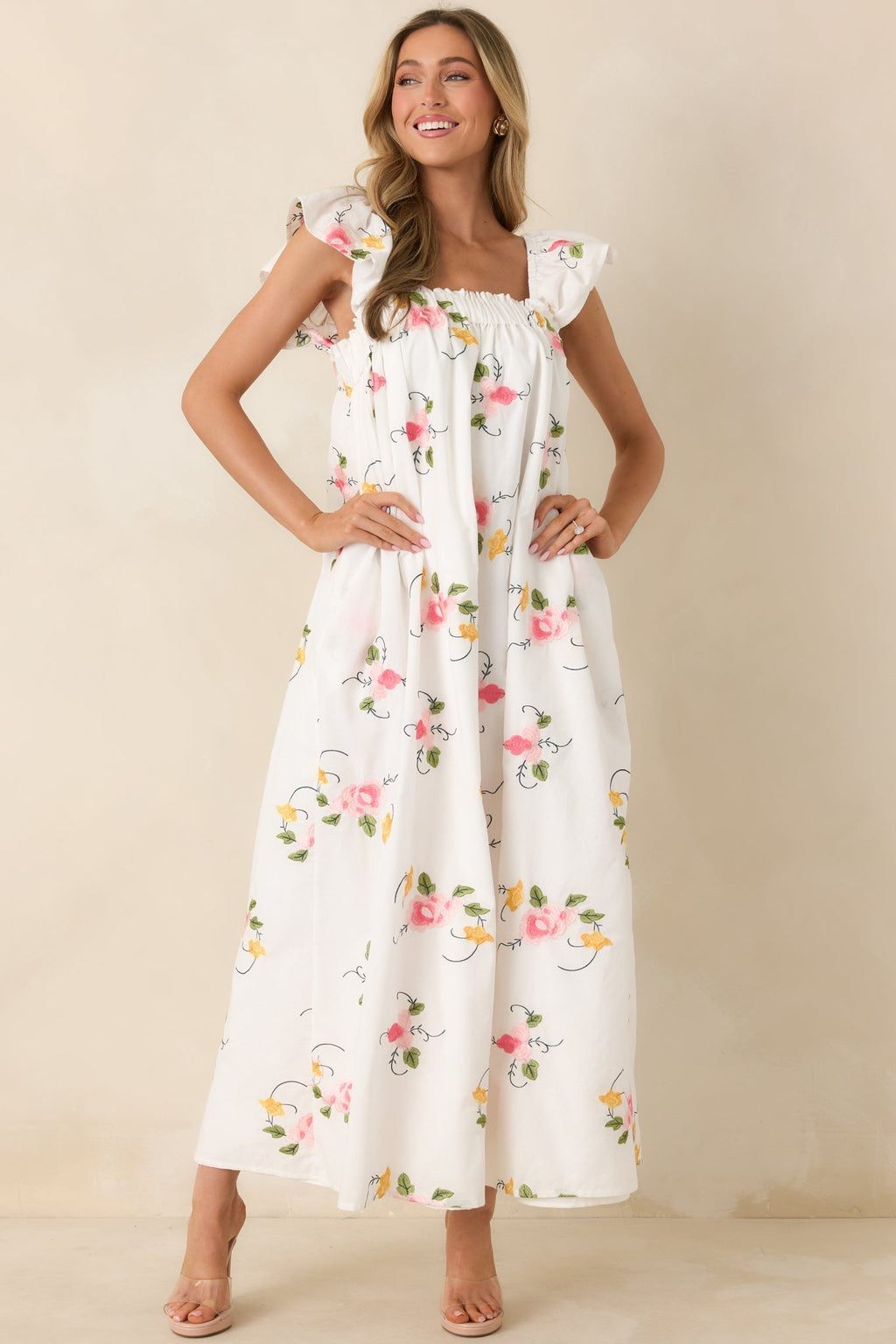 Women's Sweet Briar Blossom White Multi Floral Embroidered Maxi Dress | 70% Cotton & 30% Linen 2