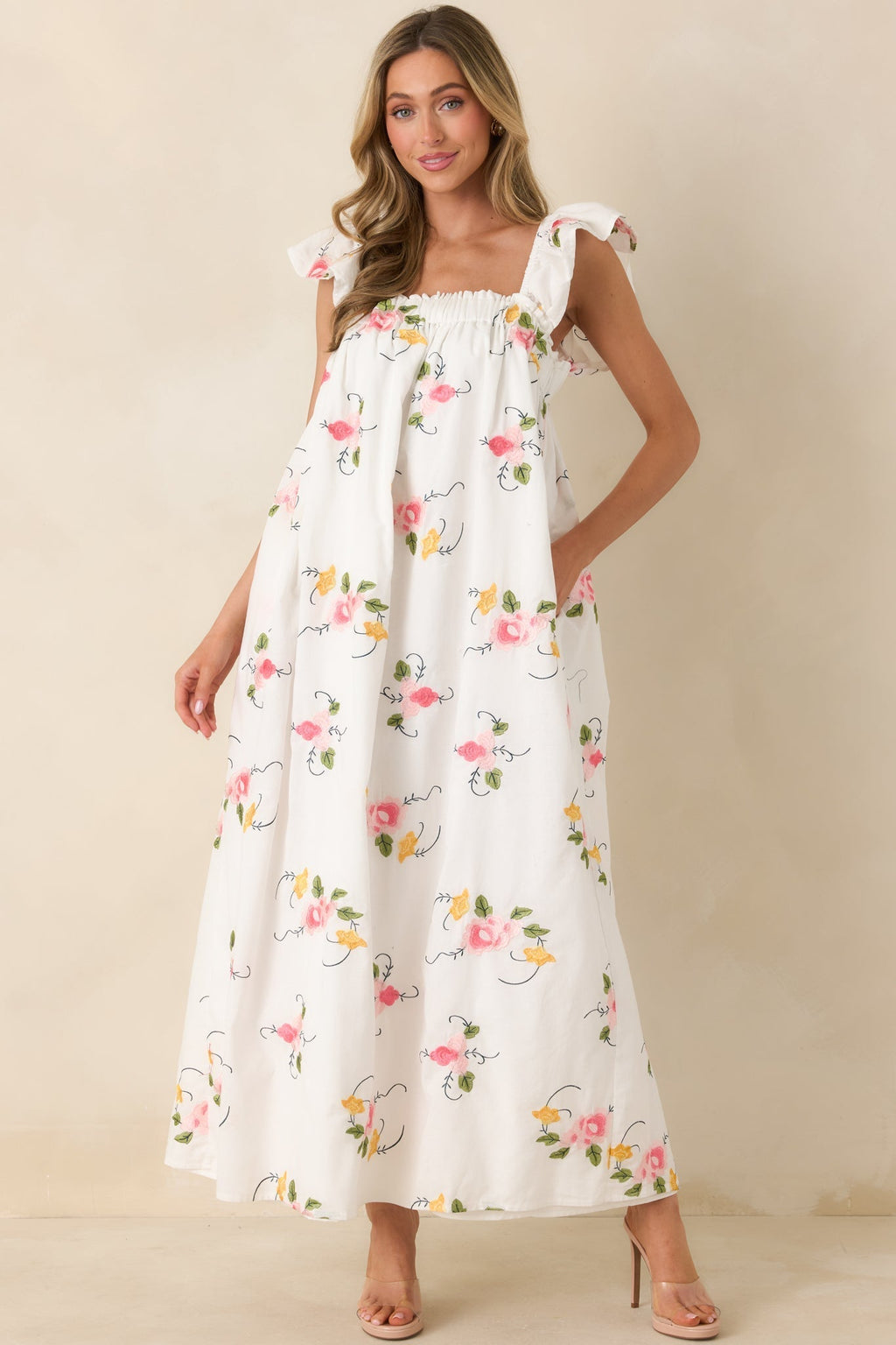 Women's Sweet Briar Blossom White Multi Floral Embroidered Maxi Dress | 70% Cotton & 30% Linen 3