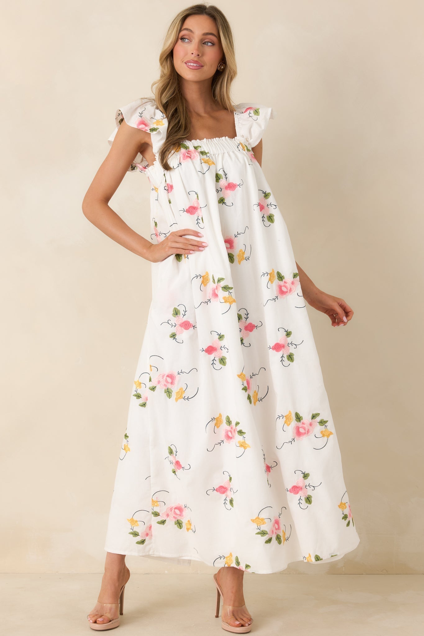 Women's Sweet Briar Blossom White Multi Floral Embroidered Maxi Dress | 70% Cotton & 30% Linen 4