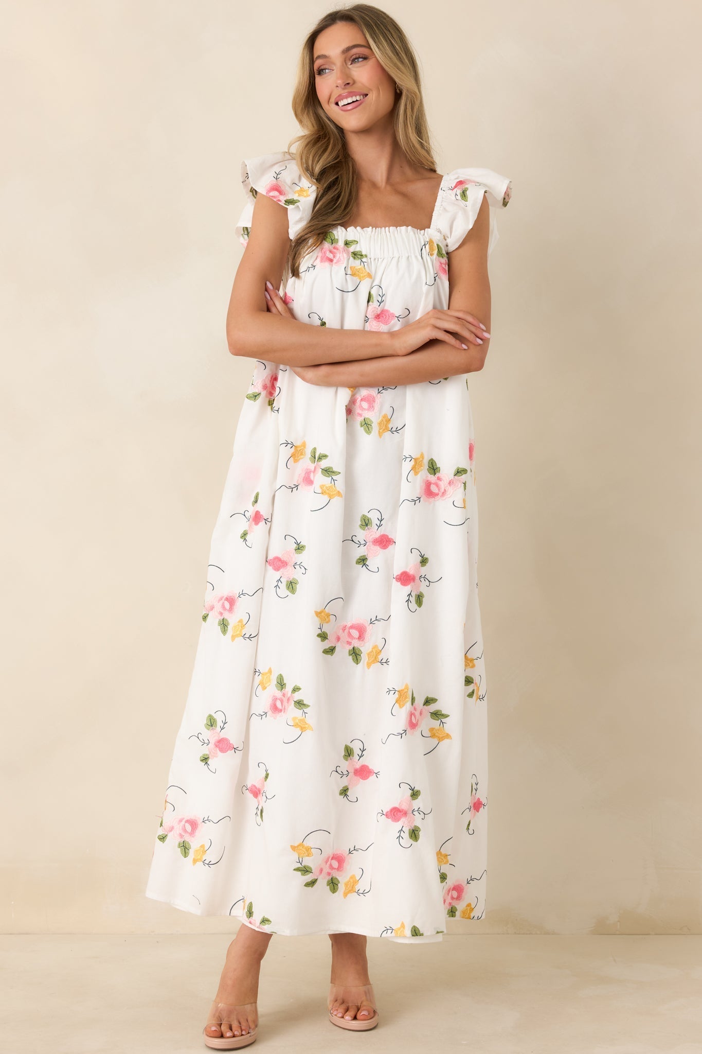 Women's Sweet Briar Blossom White Multi Floral Embroidered Maxi Dress | 70% Cotton & 30% Linen 5