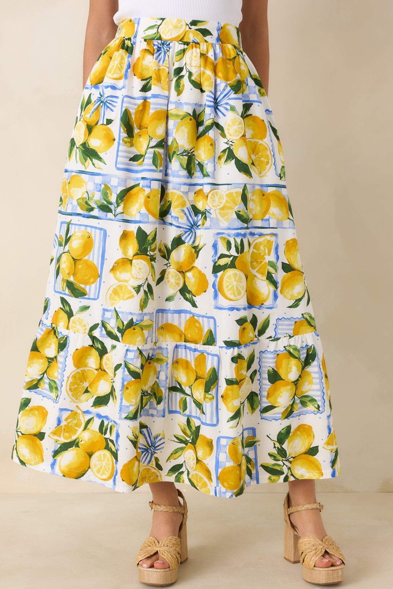 Women's Sweet Citrus Charm White Multi Lemon Print Cotton Maxi Skirt | 100% Cotton 0
