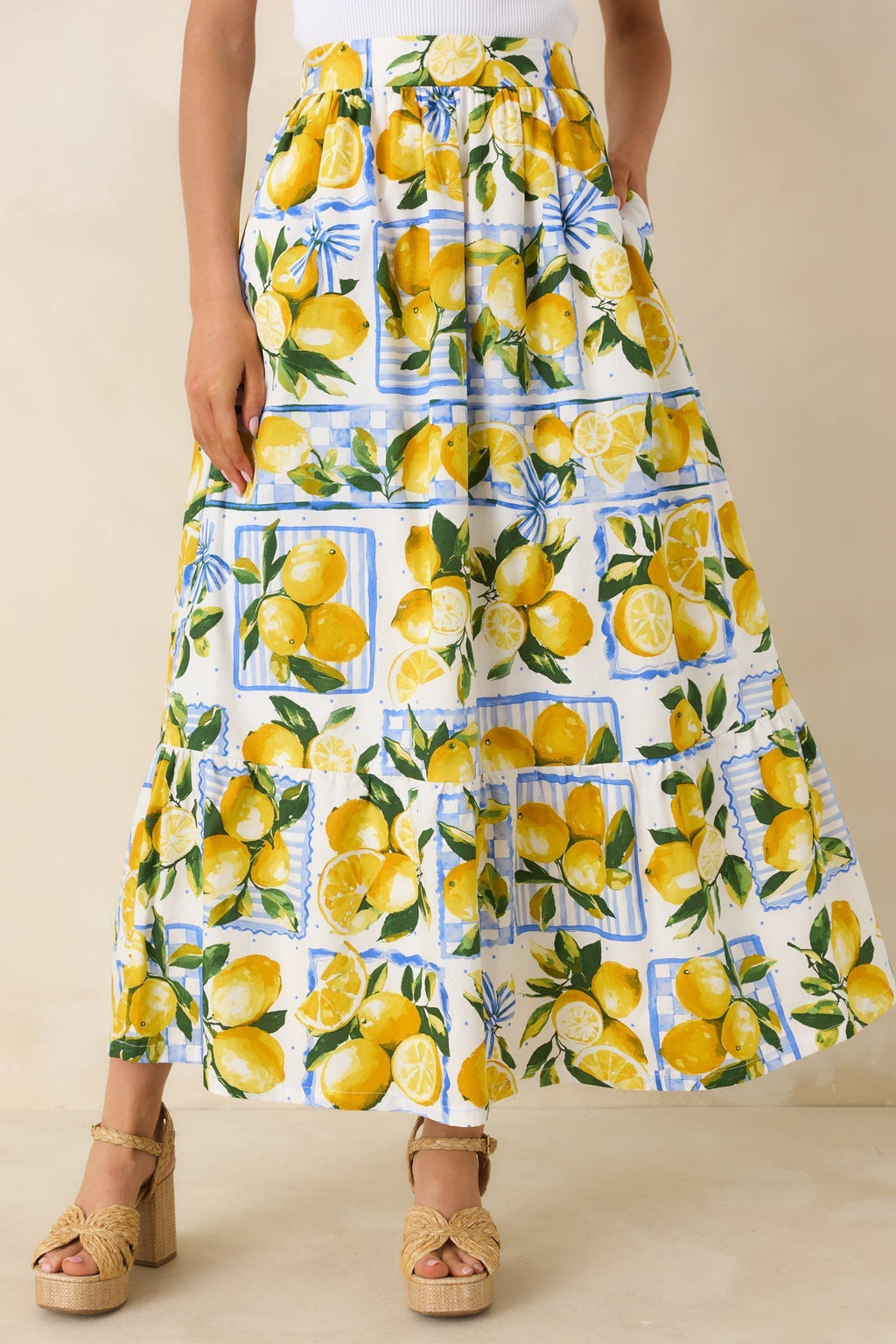 Women's Sweet Citrus Charm White Multi Lemon Print Cotton Maxi Skirt | 100% Cotton 2