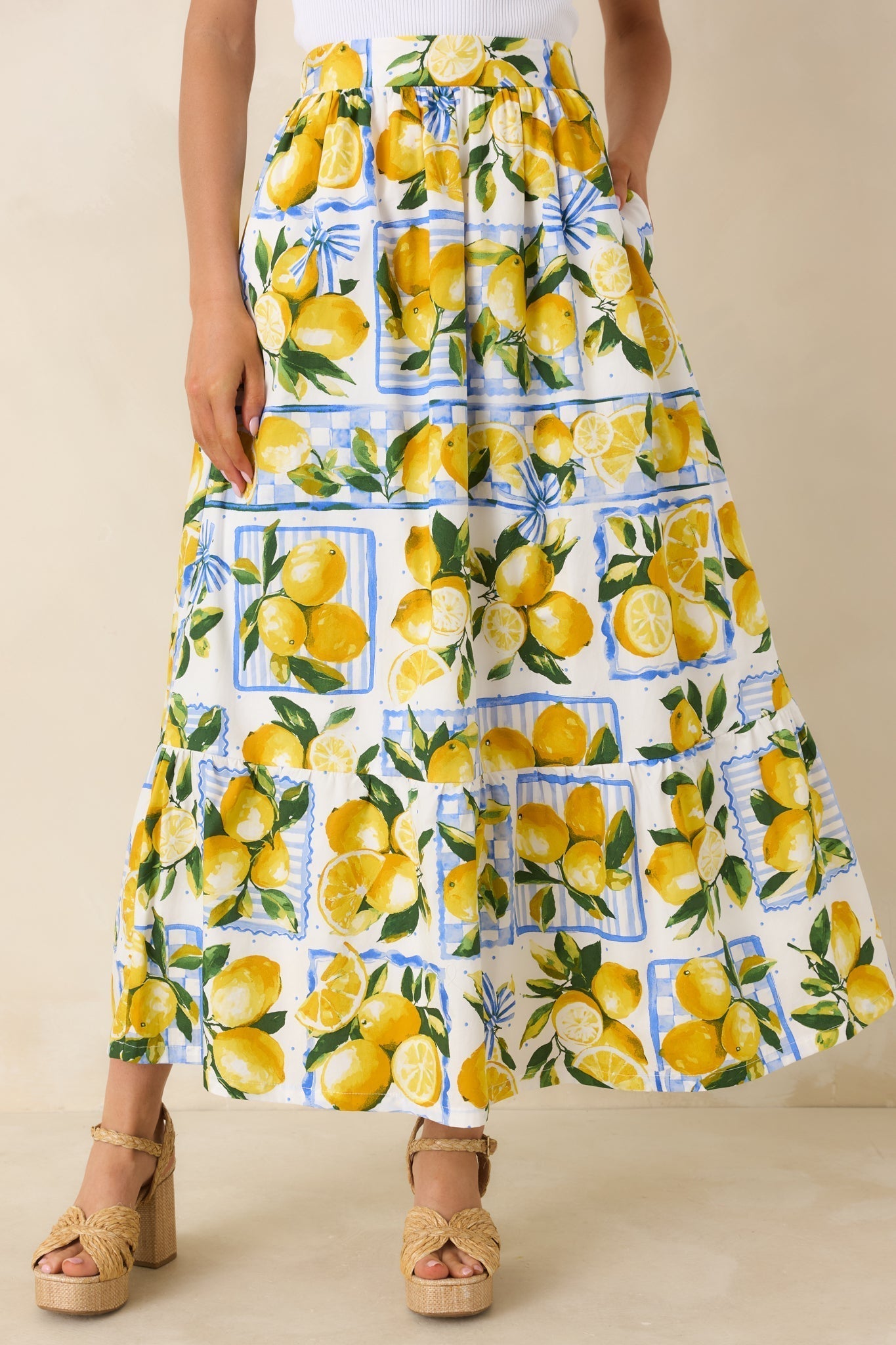Women's Sweet Citrus Charm White Multi Lemon Print Cotton Maxi Skirt | 100% Cotton 2