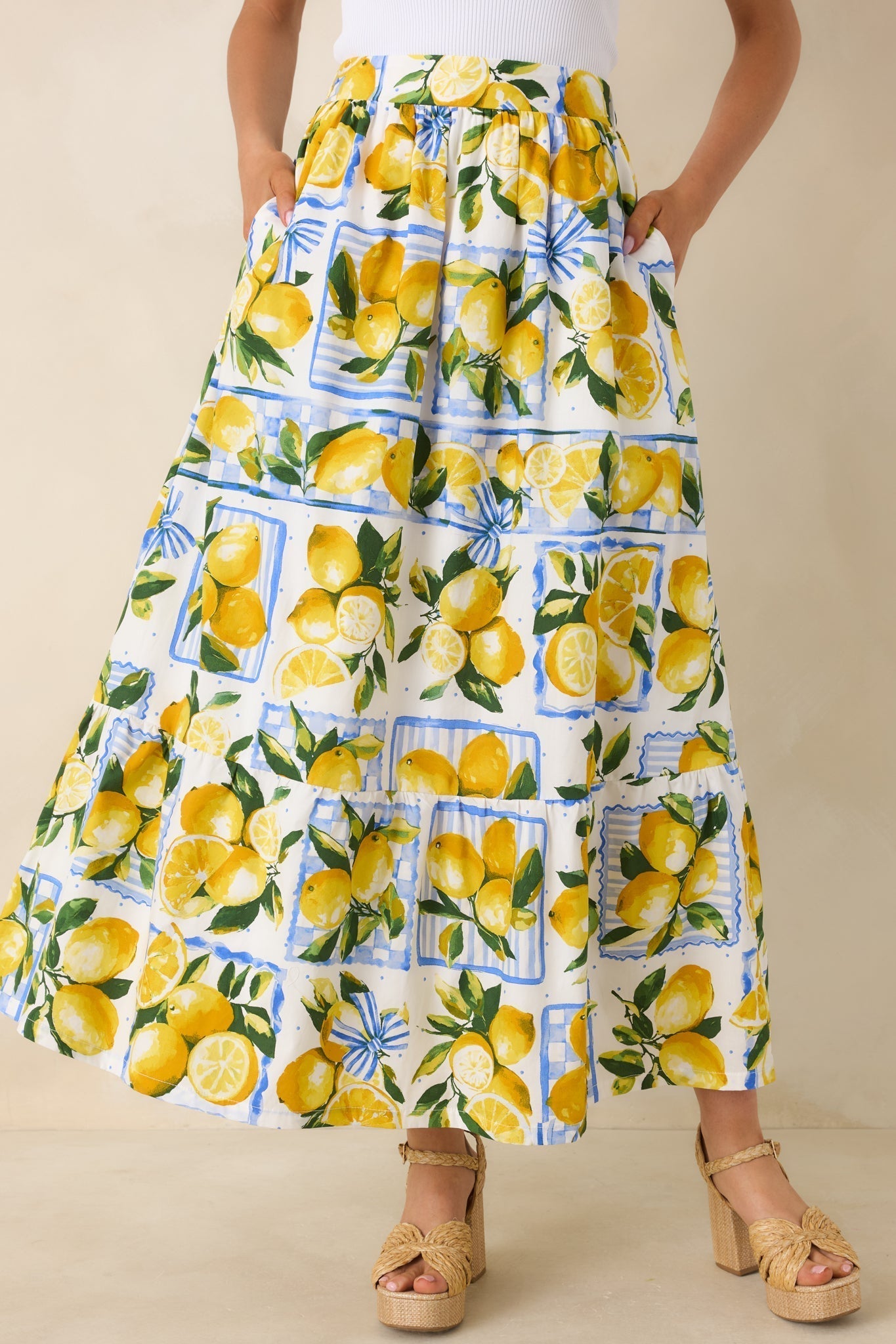 Women's Sweet Citrus Charm White Multi Lemon Print Cotton Maxi Skirt | 100% Cotton 3