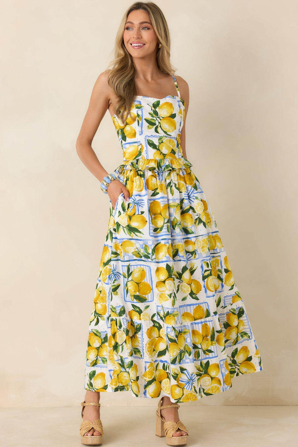 Women's Sweet Citrus Charm White Multi Lemon Print Cotton Maxi Skirt | 100% Cotton 4