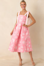 Women's Sweet Disposition Pink Floral Jacquard Tie Strap Midi Dress | 100% Polyester 0
