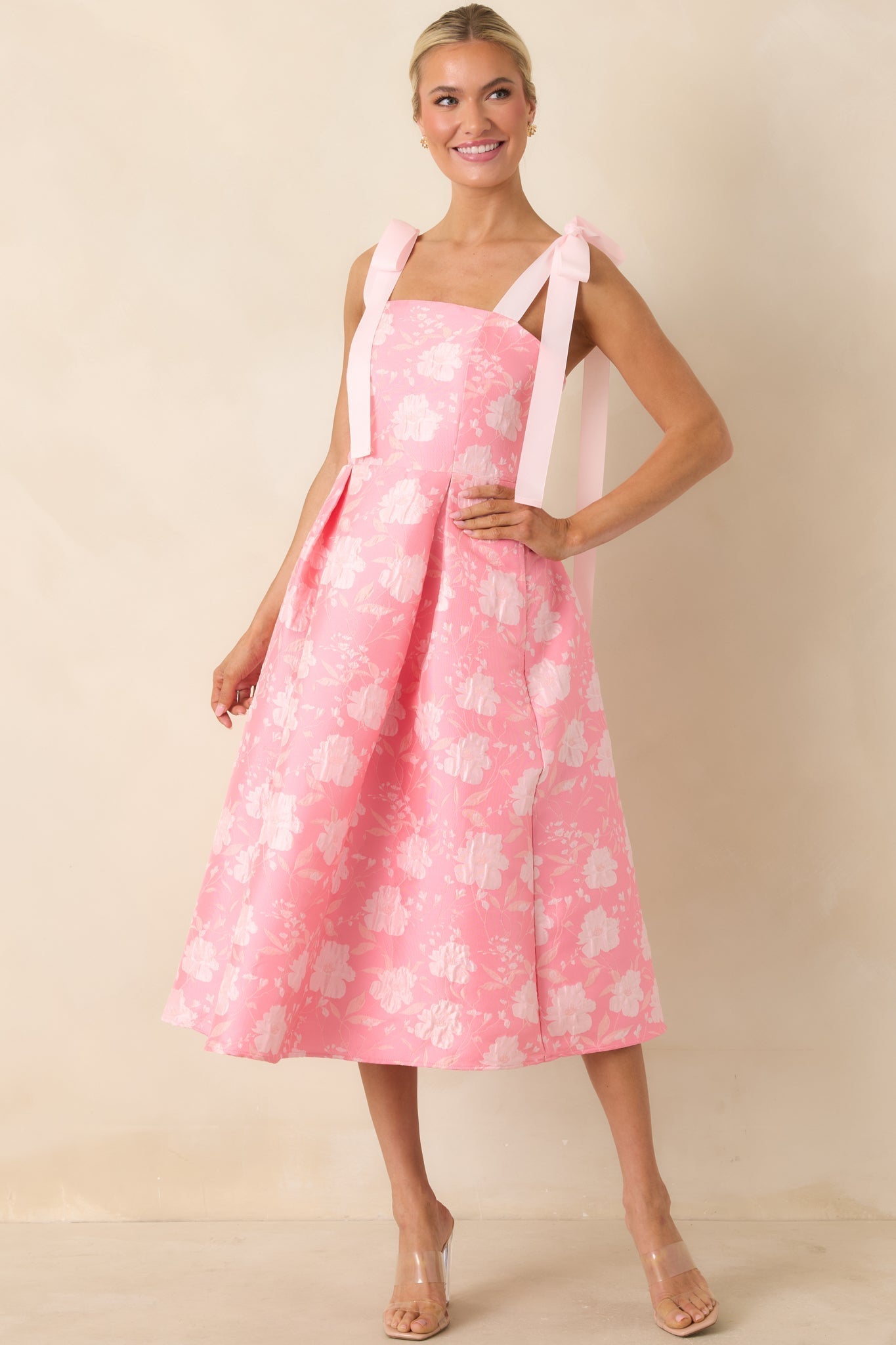 Women's Sweet Disposition Pink Floral Jacquard Tie Strap Midi Dress | 100% Polyester 0
