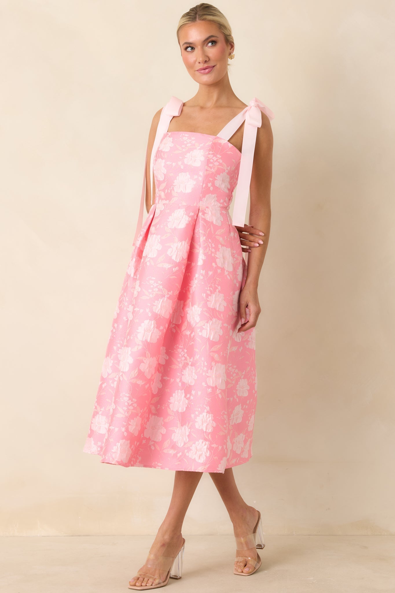 Women's Sweet Disposition Pink Floral Jacquard Tie Strap Midi Dress | 100% Polyester 2