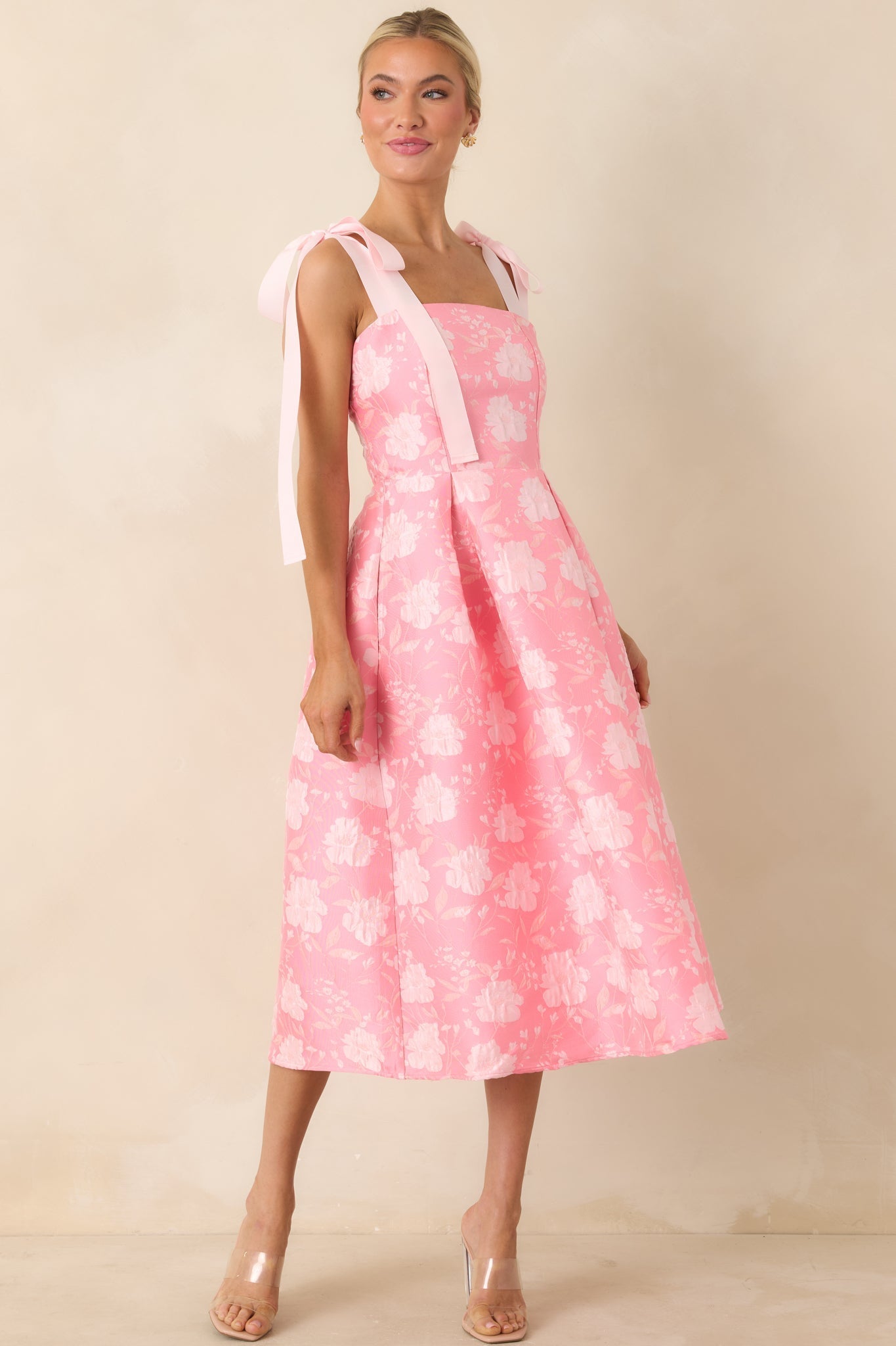 Women's Sweet Disposition Pink Floral Jacquard Tie Strap Midi Dress | 100% Polyester 3