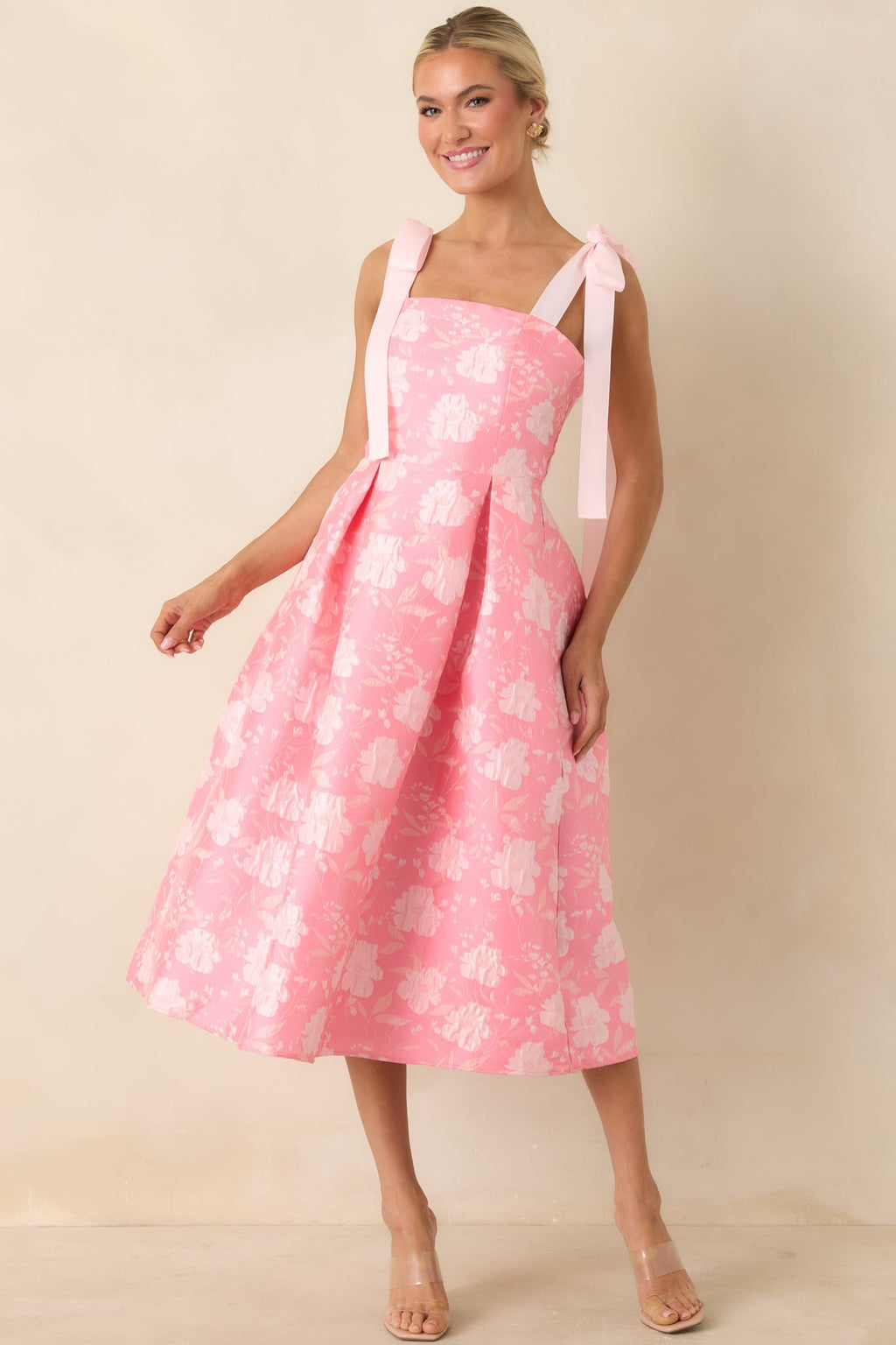 Women's Sweet Disposition Pink Floral Jacquard Tie Strap Midi Dress | 100% Polyester 4