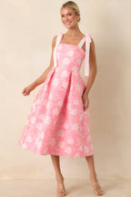 Women's Sweet Disposition Pink Floral Jacquard Tie Strap Midi Dress | 100% Polyester 4