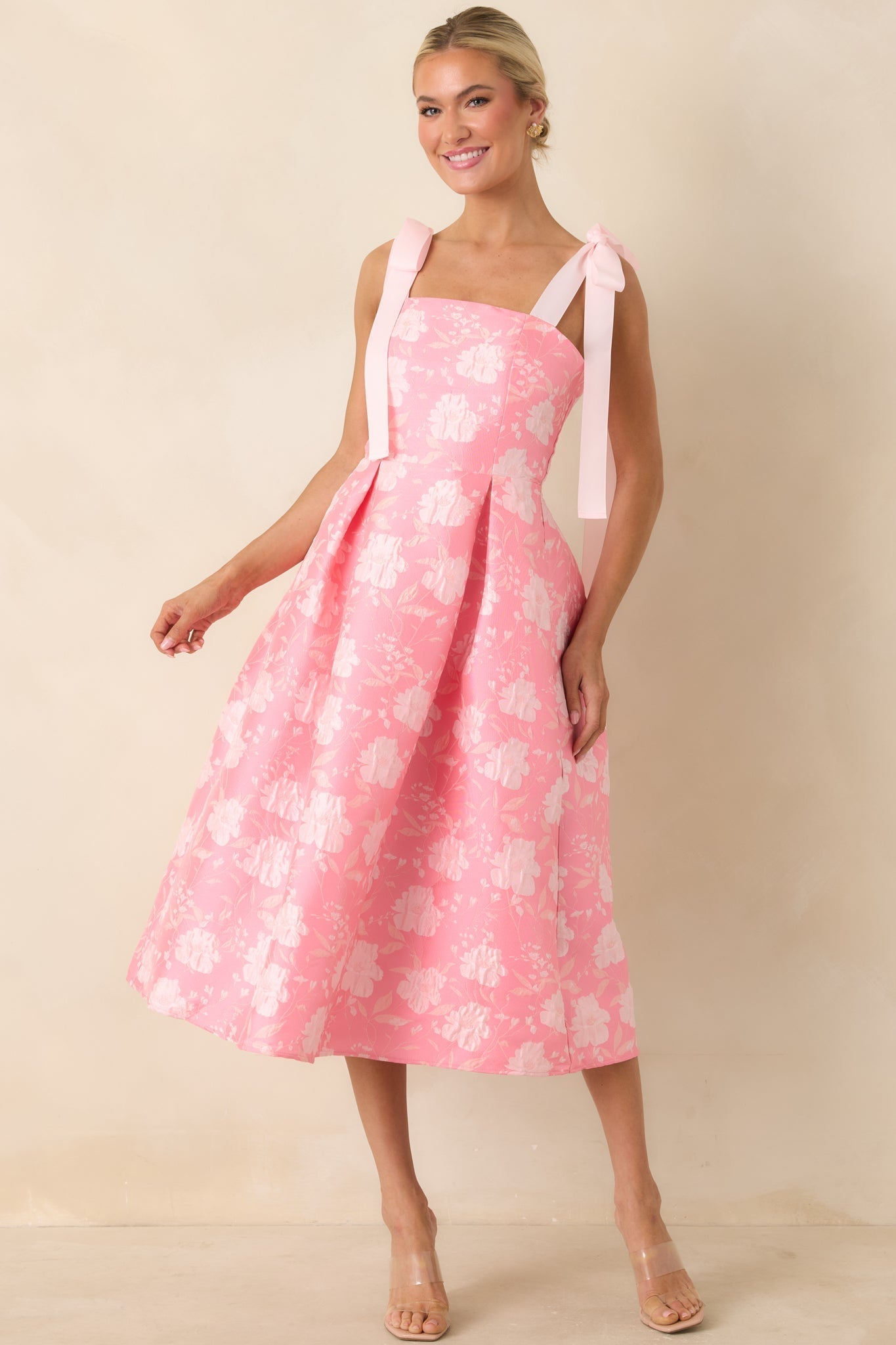 Women's Sweet Disposition Pink Floral Jacquard Tie Strap Midi Dress | 100% Polyester 4