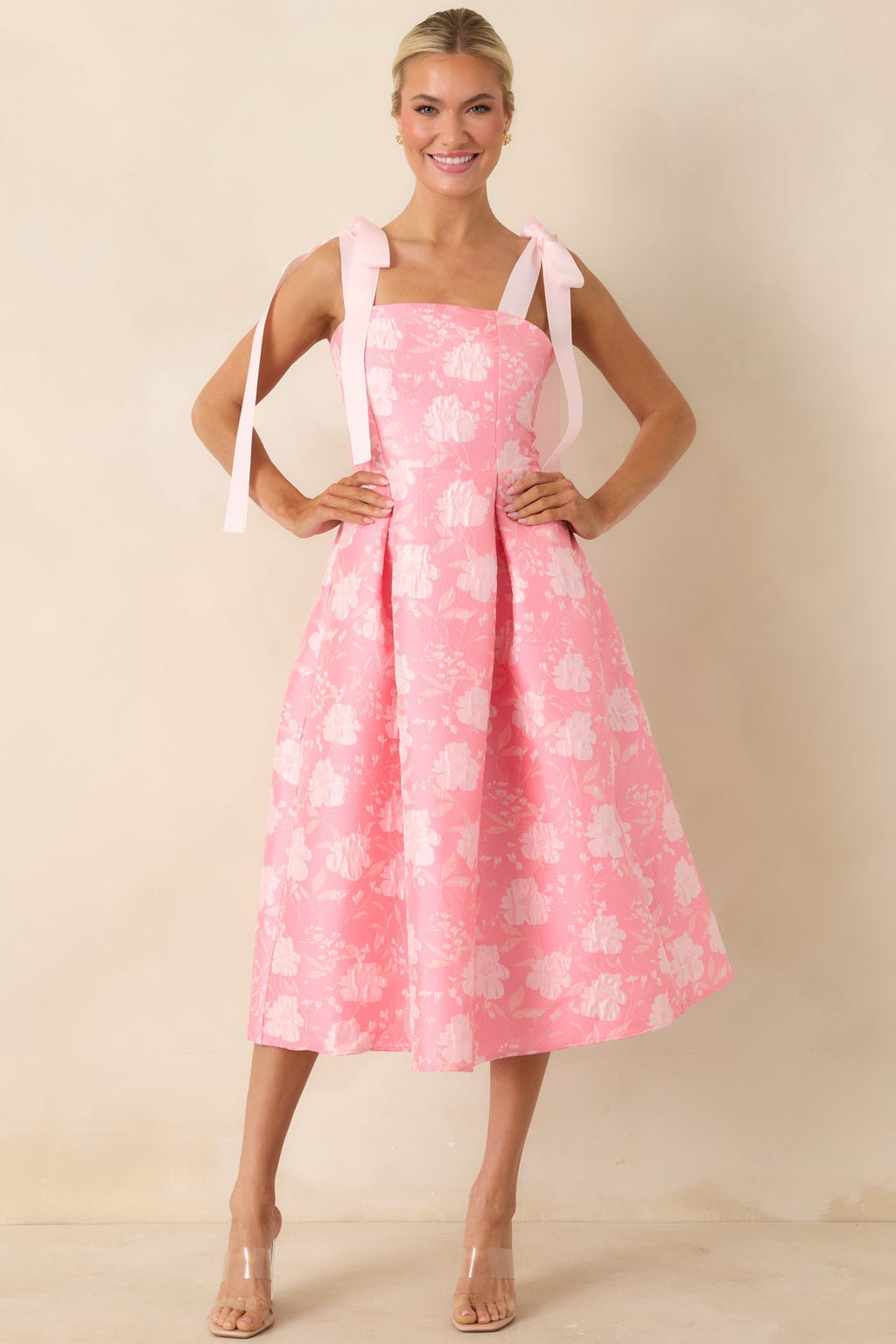 Women's Sweet Disposition Pink Floral Jacquard Tie Strap Midi Dress | 100% Polyester 5