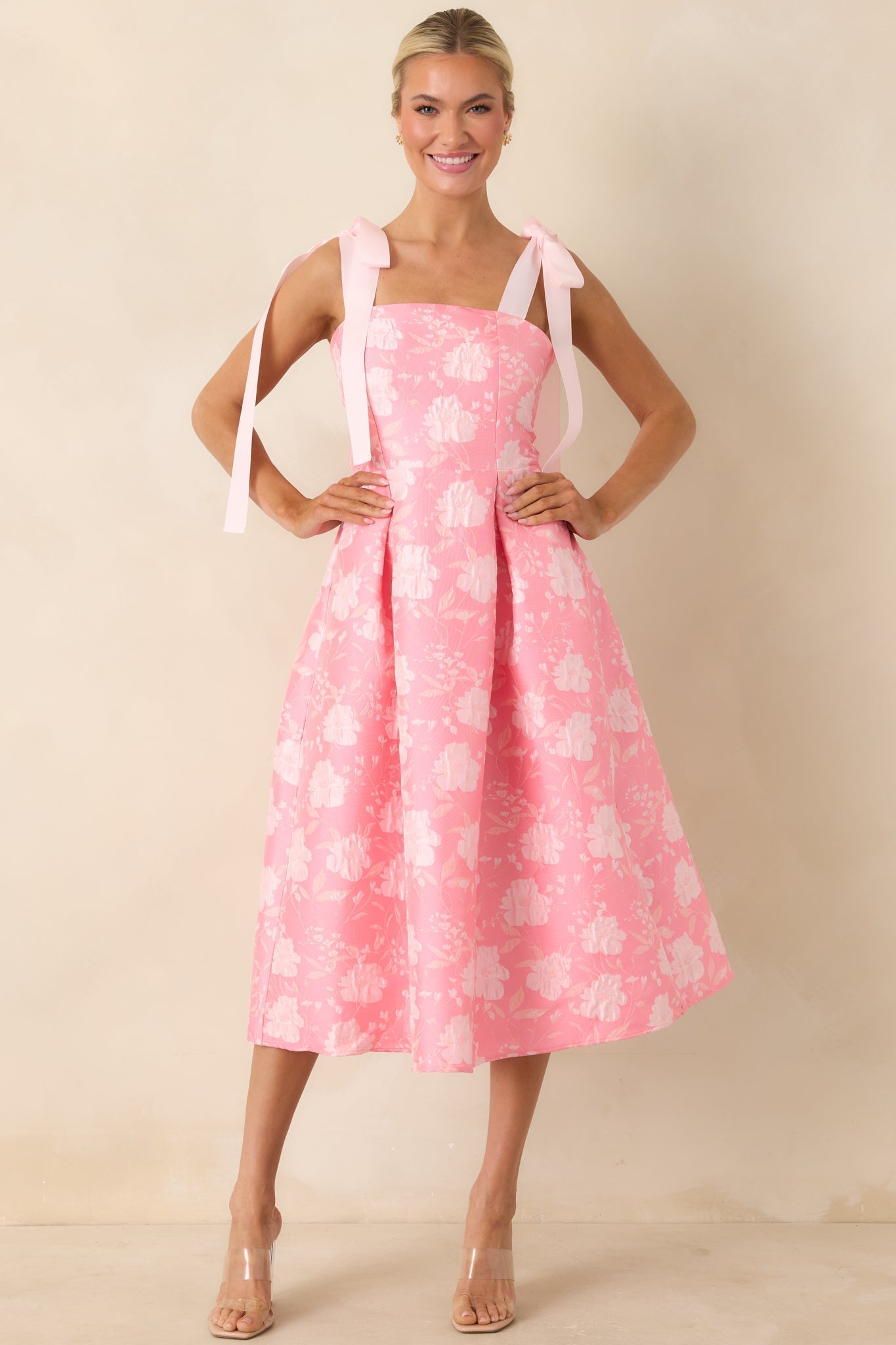 Women's Sweet Disposition Pink Floral Jacquard Tie Strap Midi Dress | 100% Polyester 5