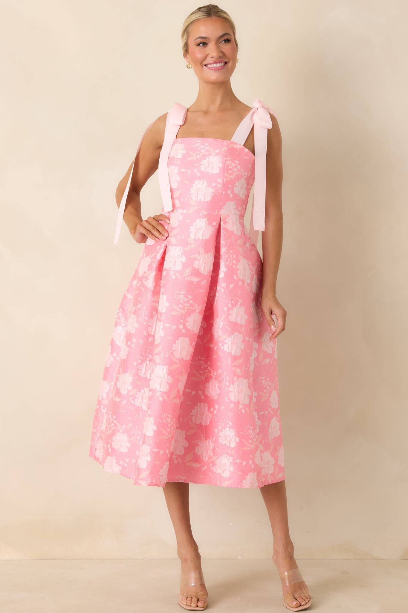 Women's Sweet Disposition Pink Floral Jacquard Tie Strap Midi Dress | 100% Polyester 6