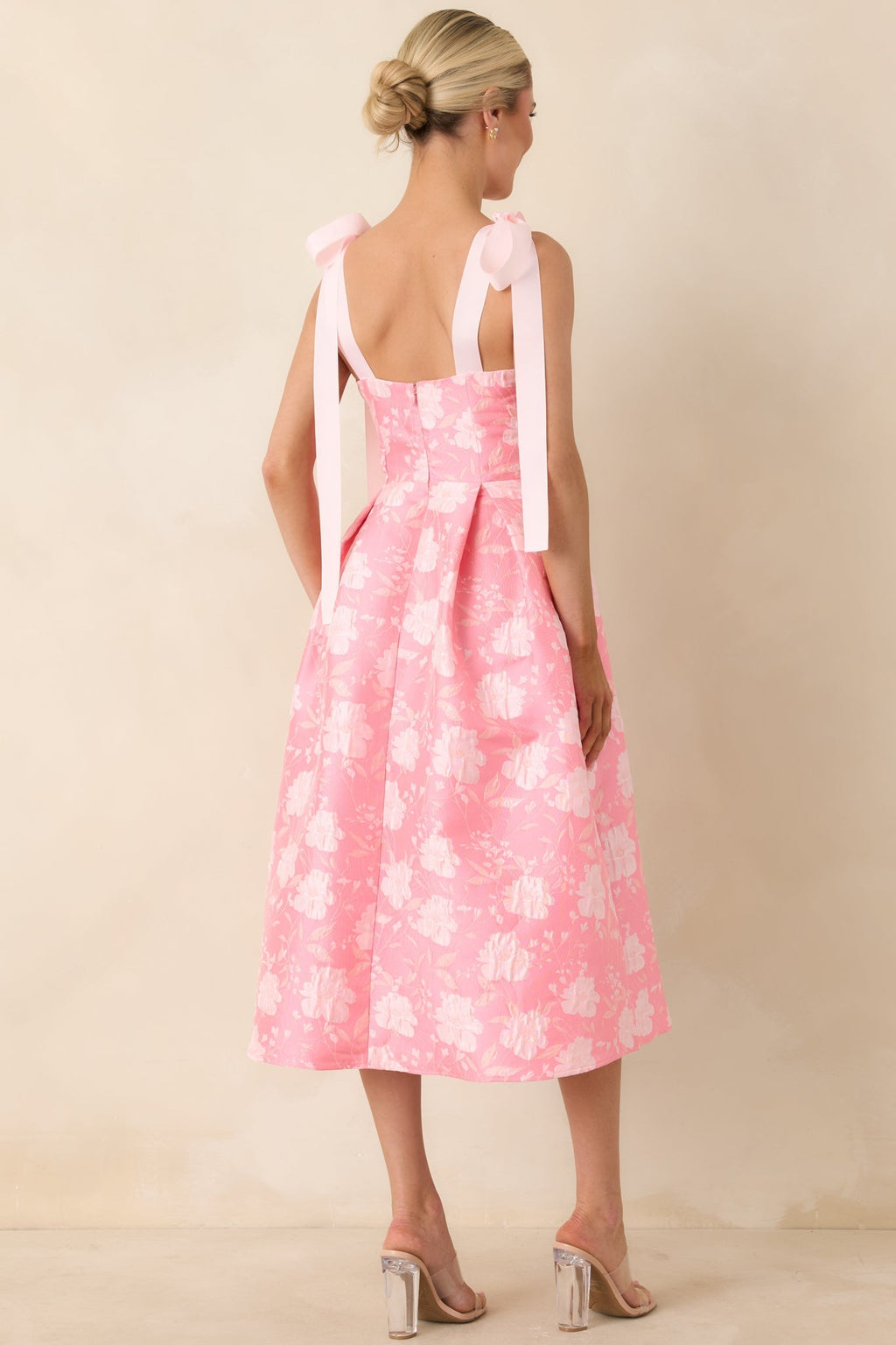 Women's Sweet Disposition Pink Floral Jacquard Tie Strap Midi Dress | 100% Polyester 7