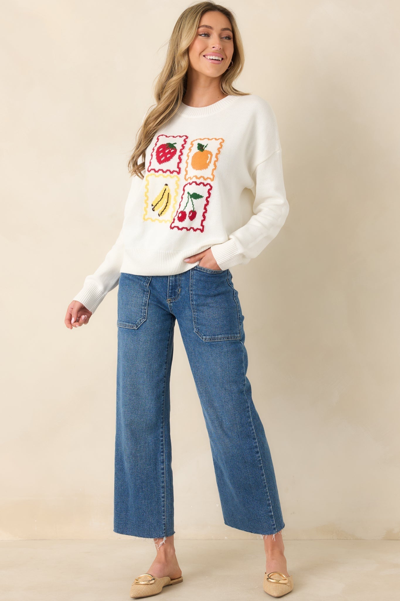 Women's Sweet Selections White Multi Knit Fruit Sweater | 55% Acrylic & 45% Cotton 0
