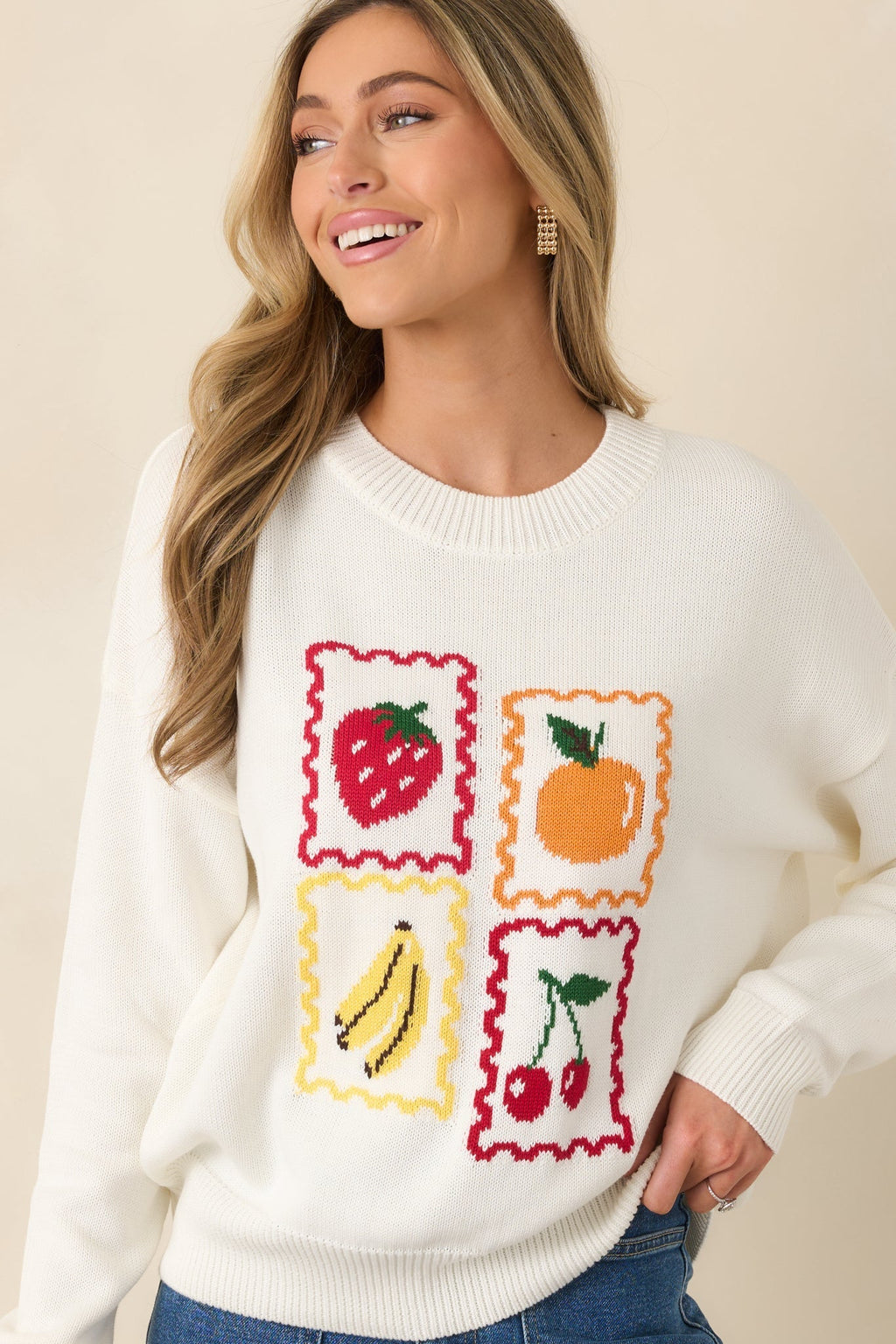 Women's Sweet Selections White Multi Knit Fruit Sweater | 55% Acrylic & 45% Cotton 1