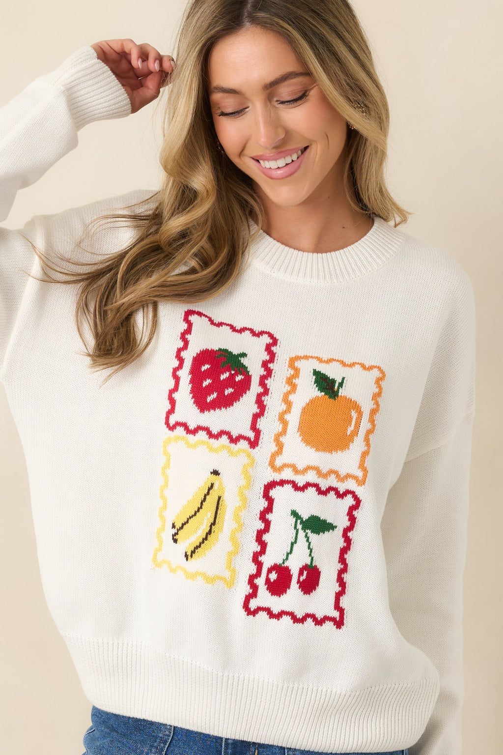 Women's Sweet Selections White Multi Knit Fruit Sweater | 55% Acrylic & 45% Cotton 6