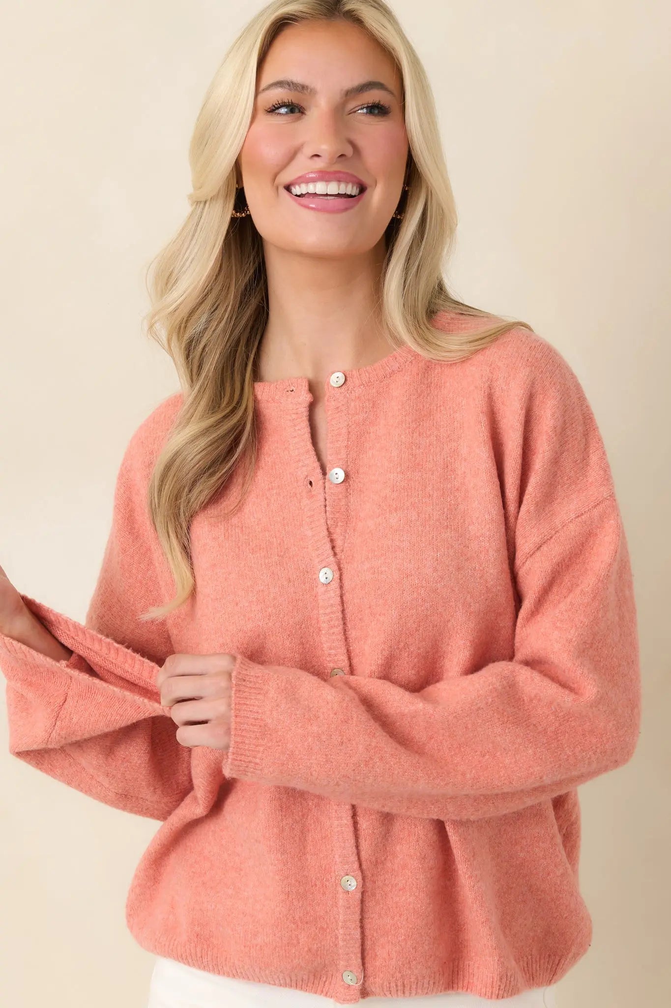 Women's Sweet Simplicity Orange Sherbert Knit Button Front Cardigan | 50% Recycled Polyester 1