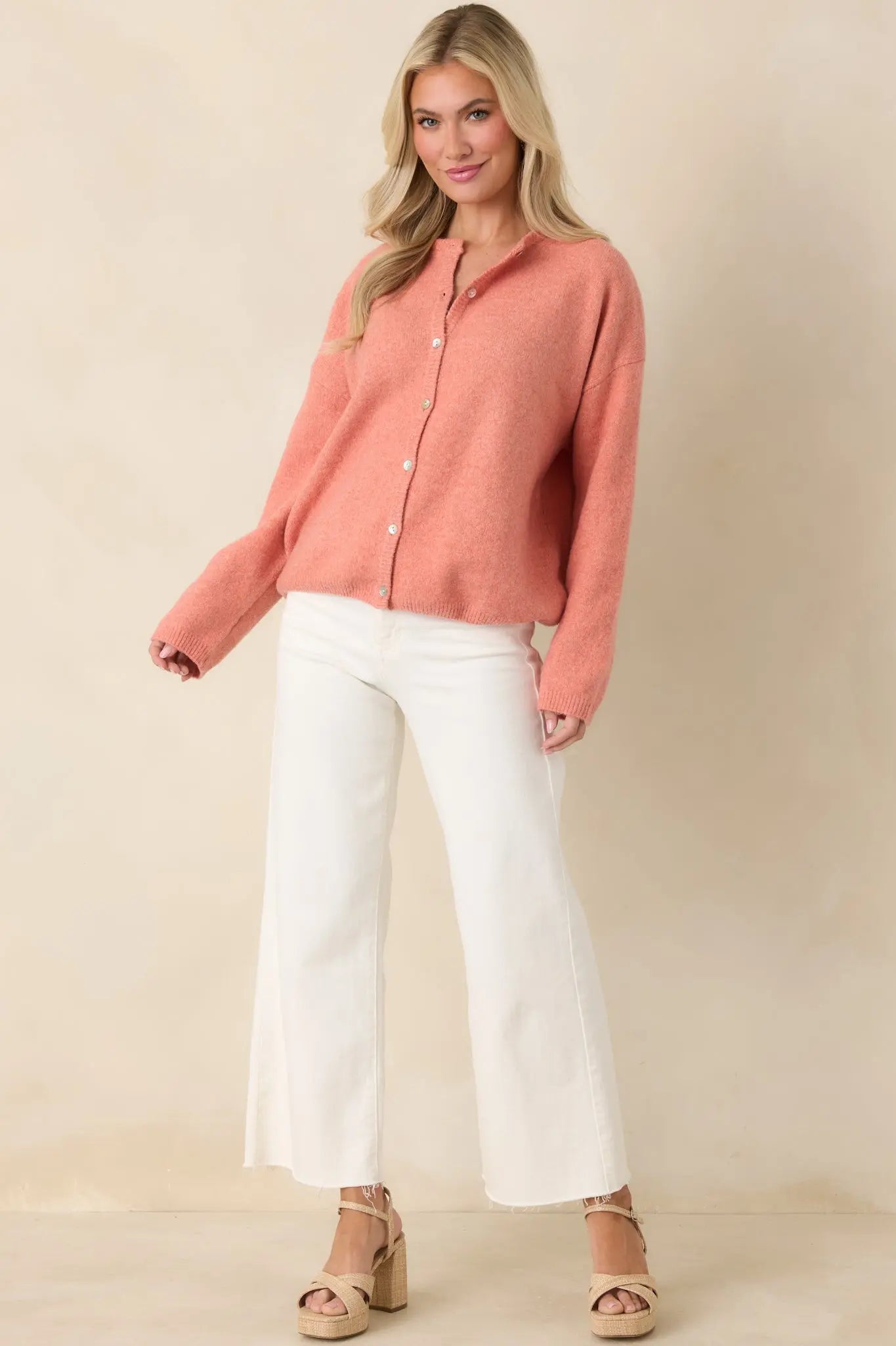 Women's Sweet Simplicity Orange Sherbert Knit Button Front Cardigan | 50% Recycled Polyester 3