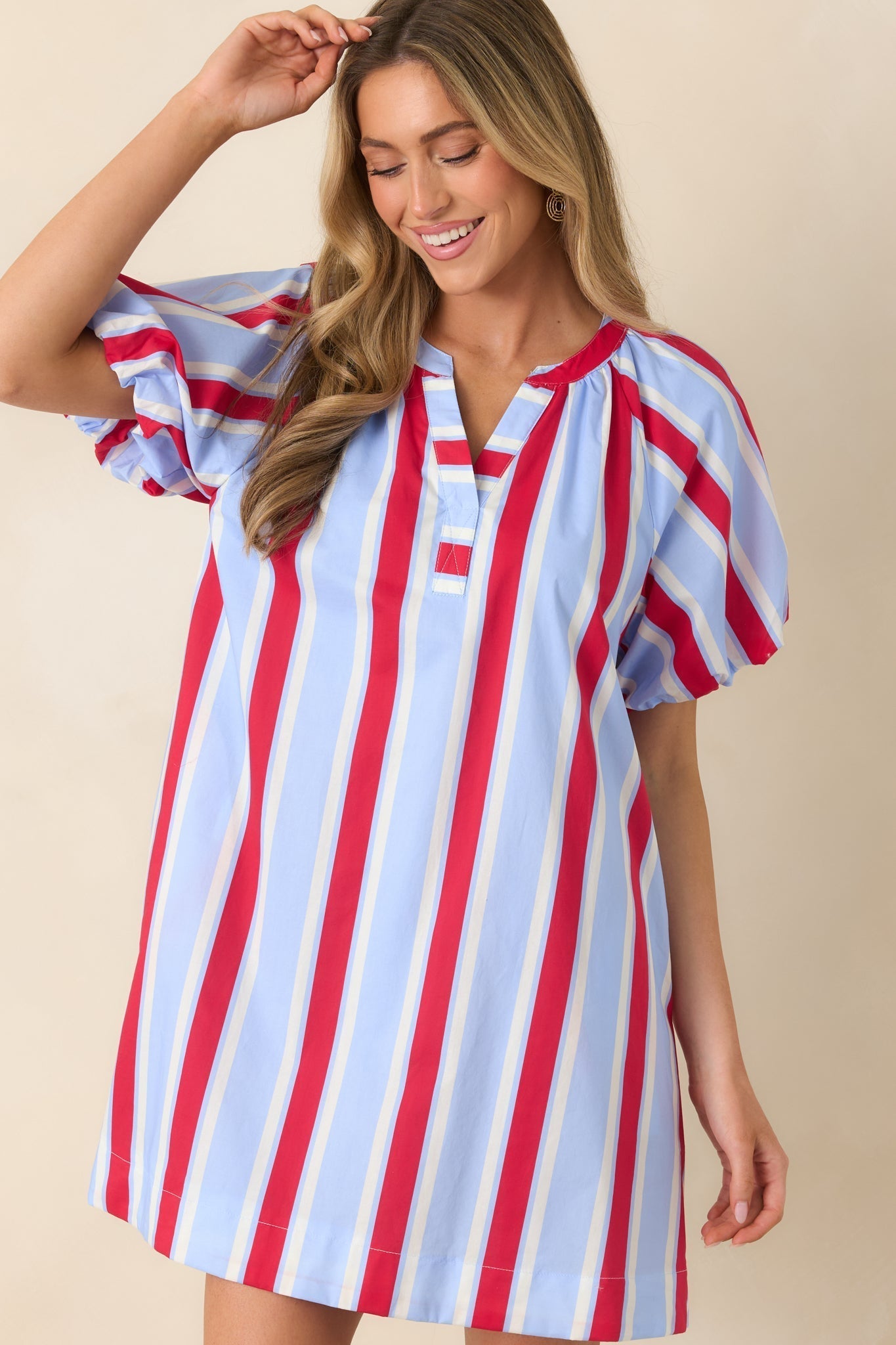 Women's Sweet Summer State Red & Light Blue Stripe Cotton Puff Sleeve Mini Dress | 100% Cotton 0