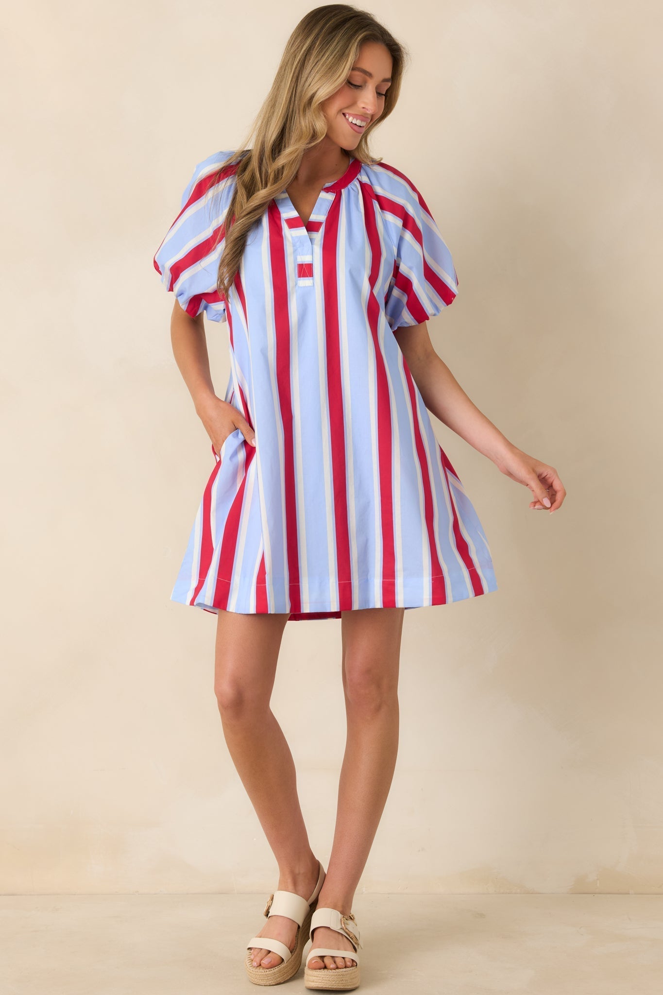 Women's Sweet Summer State Red & Light Blue Stripe Cotton Puff Sleeve Mini Dress | 100% Cotton 1