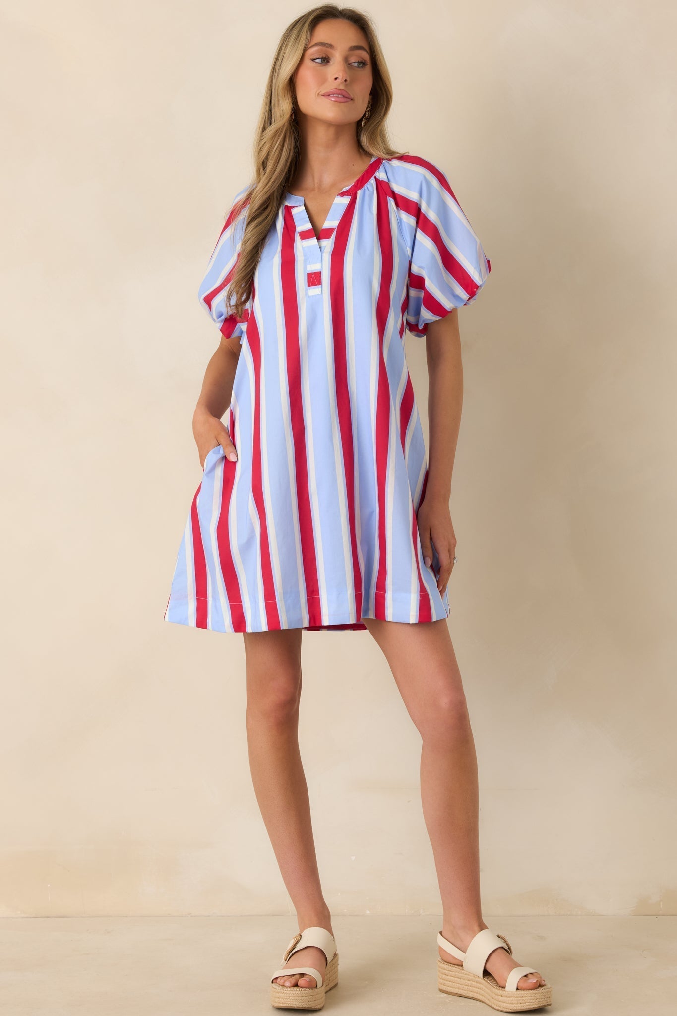 Women's Sweet Summer State Red & Light Blue Stripe Cotton Puff Sleeve Mini Dress | 100% Cotton 2