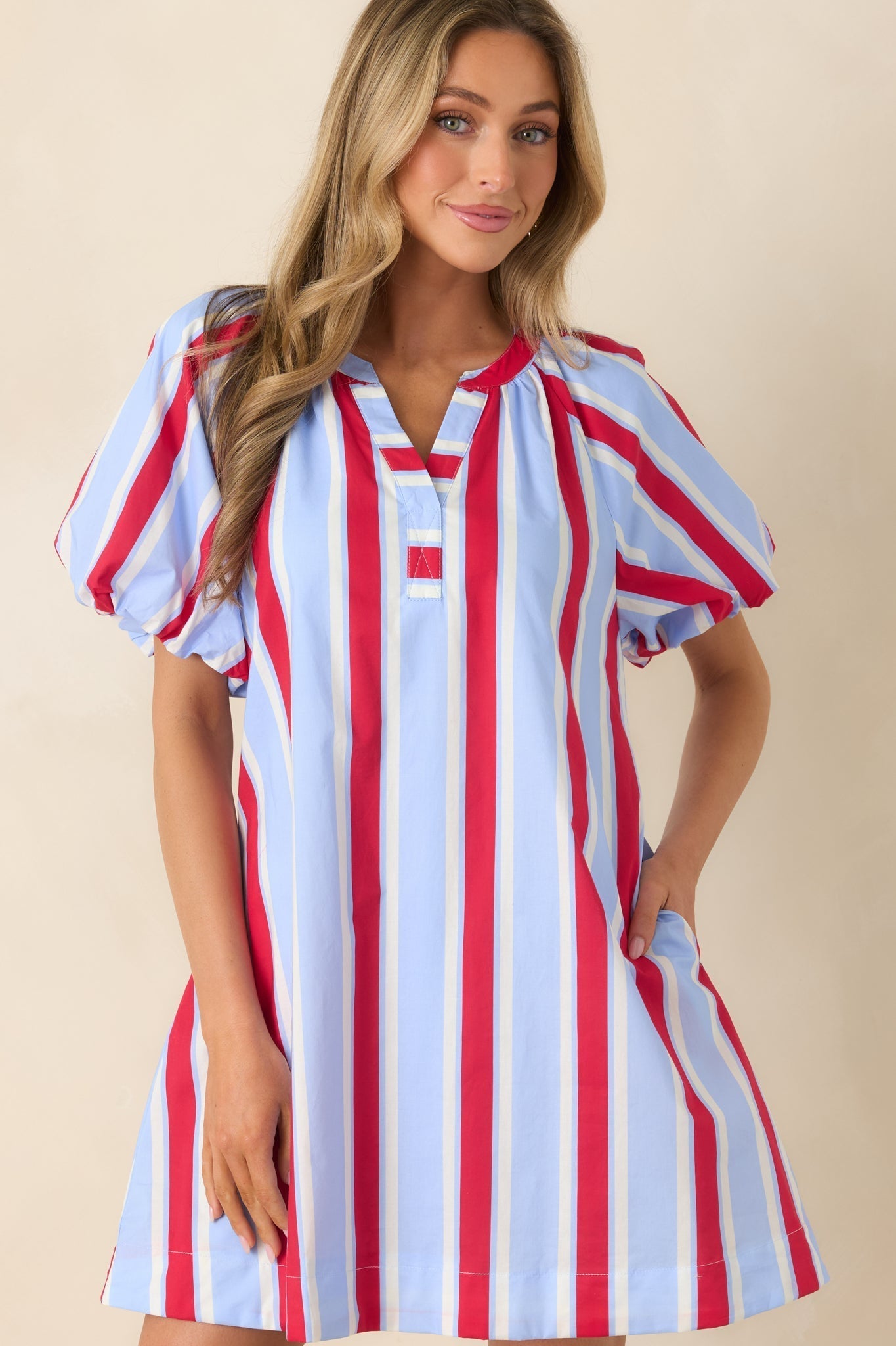 Women's Sweet Summer State Red & Light Blue Stripe Cotton Puff Sleeve Mini Dress | 100% Cotton 3