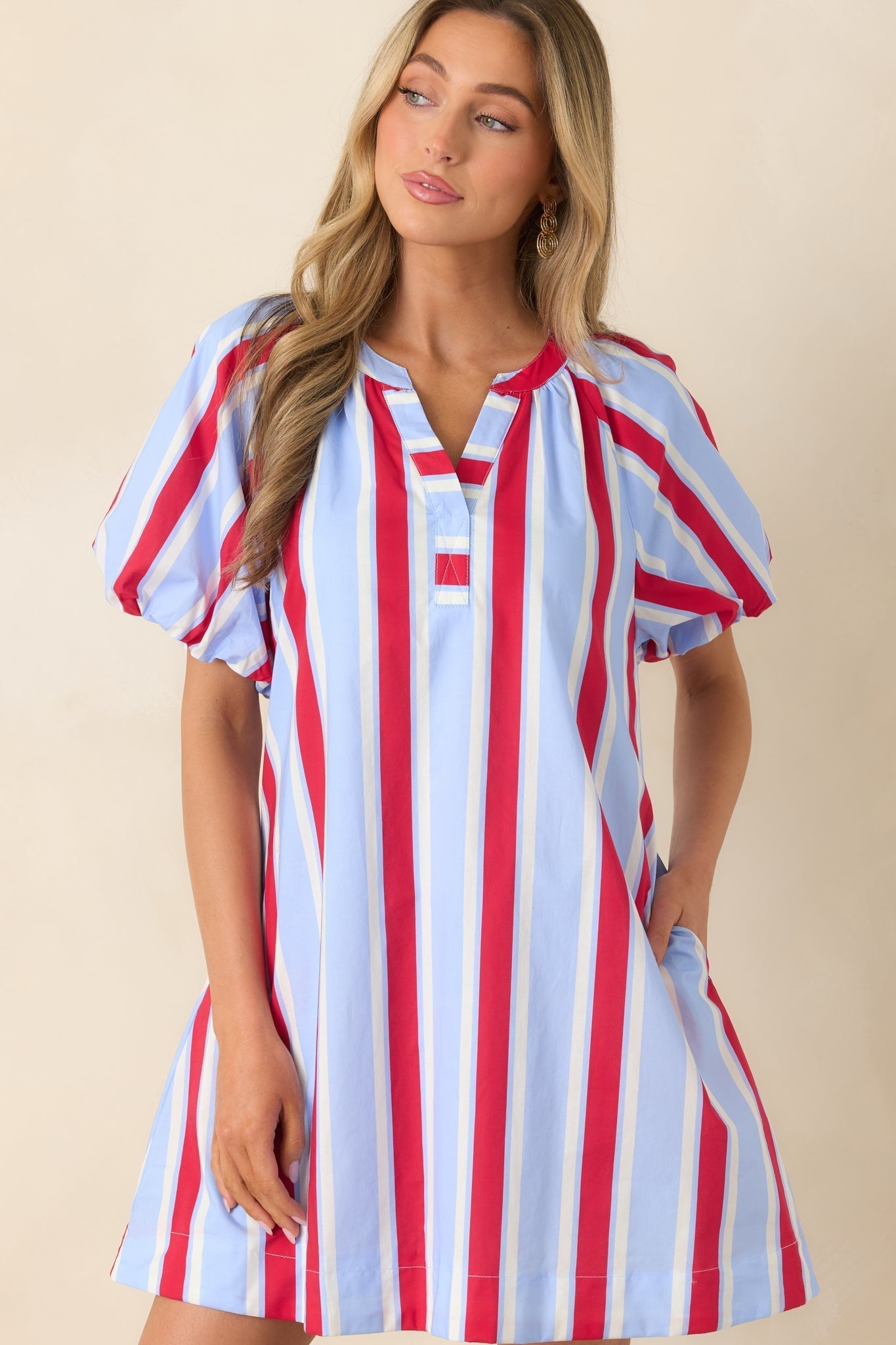 Women's Sweet Summer State Red & Light Blue Stripe Cotton Puff Sleeve Mini Dress | 100% Cotton 4
