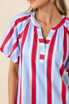 Women's Sweet Summer State Red & Light Blue Stripe Cotton Puff Sleeve Mini Dress | 100% Cotton 5