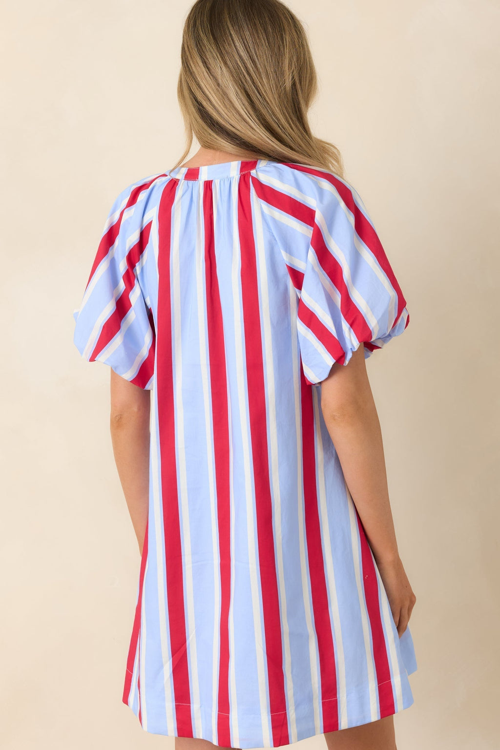 Women's Sweet Summer State Red & Light Blue Stripe Cotton Puff Sleeve Mini Dress | 100% Cotton 6