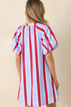 Women's Sweet Summer State Red & Light Blue Stripe Cotton Puff Sleeve Mini Dress | 100% Cotton 6