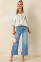 Women's Sweetest Story Ivory & Blue Floral Cotton Blouse | 100% Cotton 0