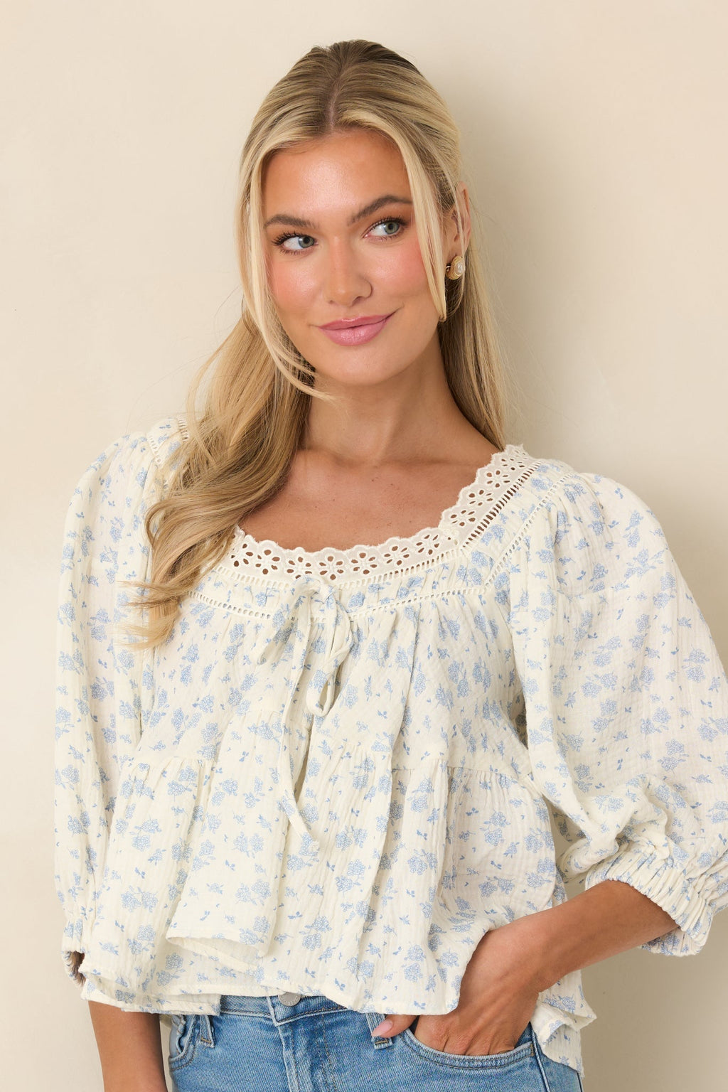 Women's Sweetest Story Ivory & Blue Floral Cotton Blouse | 100% Cotton 1