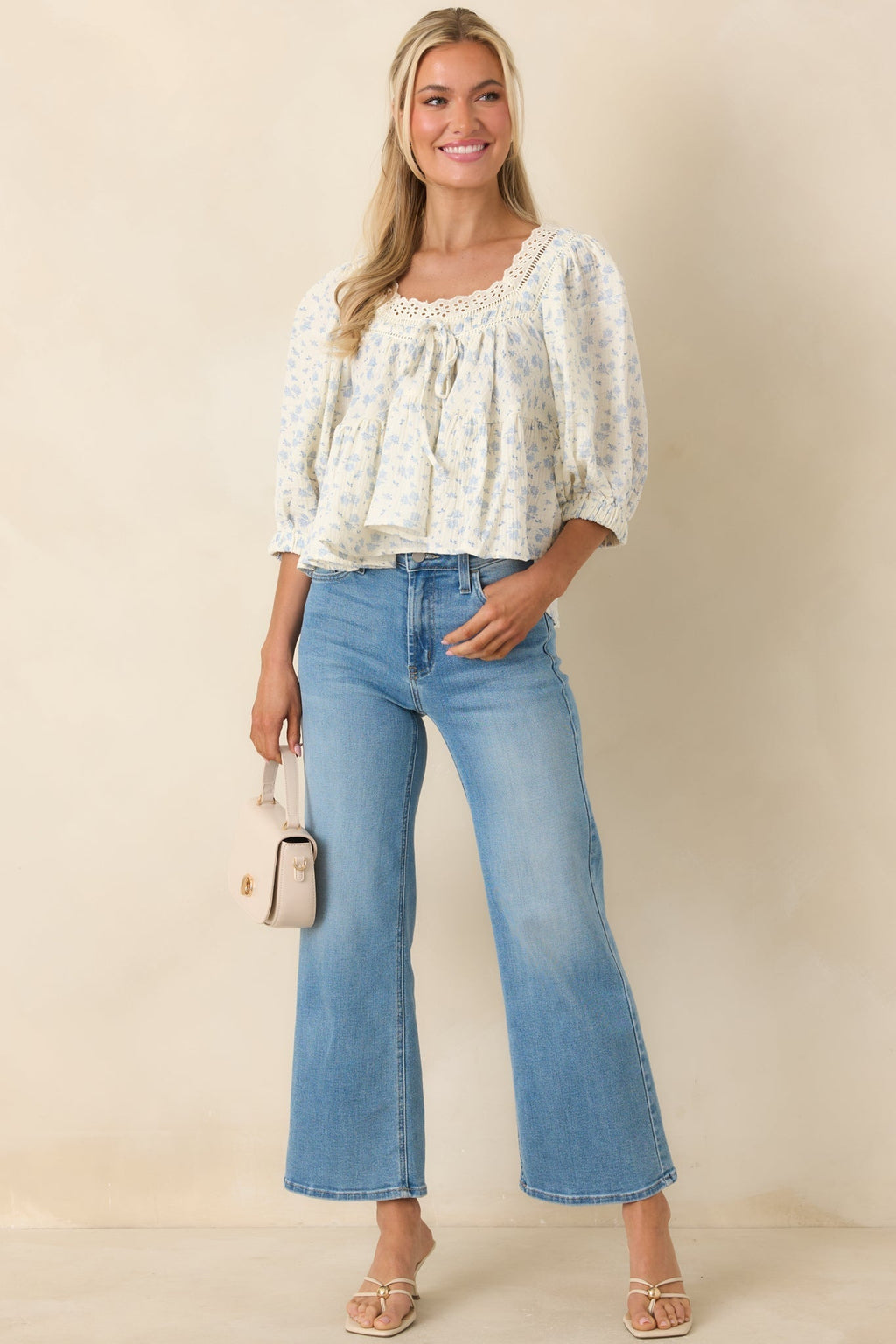 Women's Sweetest Story Ivory & Blue Floral Cotton Blouse | 100% Cotton 2