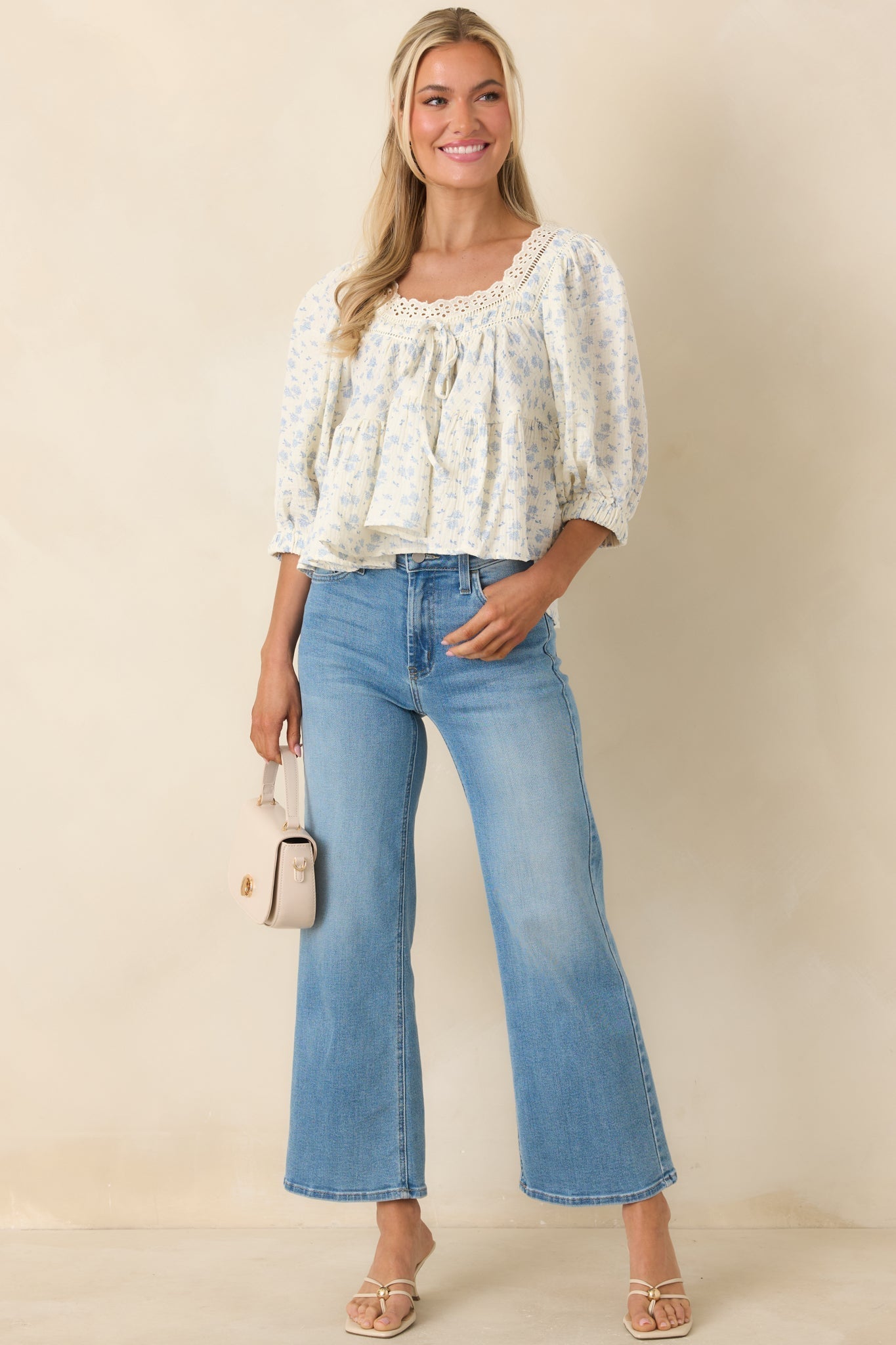 Women's Sweetest Story Ivory & Blue Floral Cotton Blouse | 100% Cotton 2