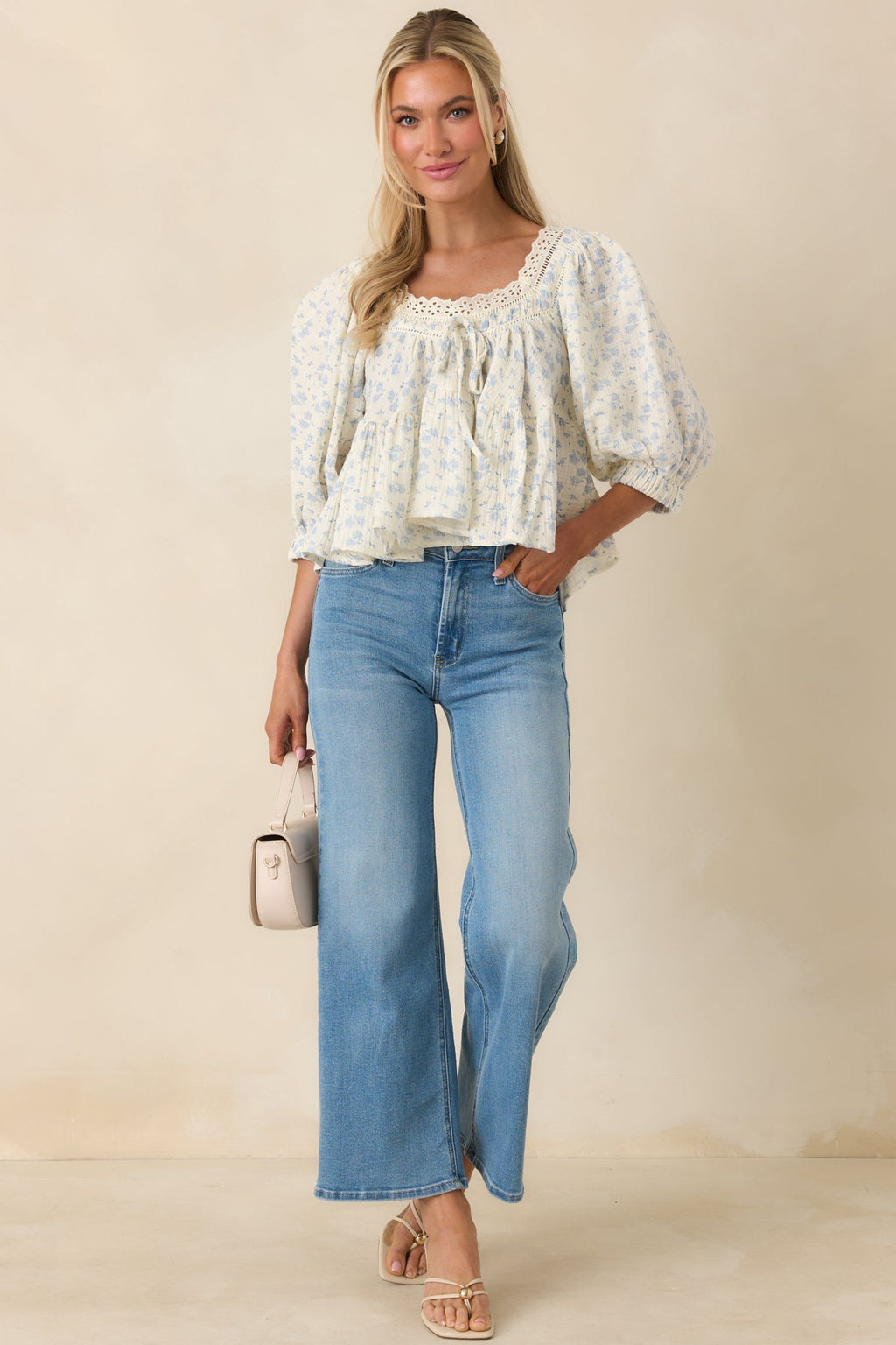 Women's Sweetest Story Ivory & Blue Floral Cotton Blouse | 100% Cotton 3
