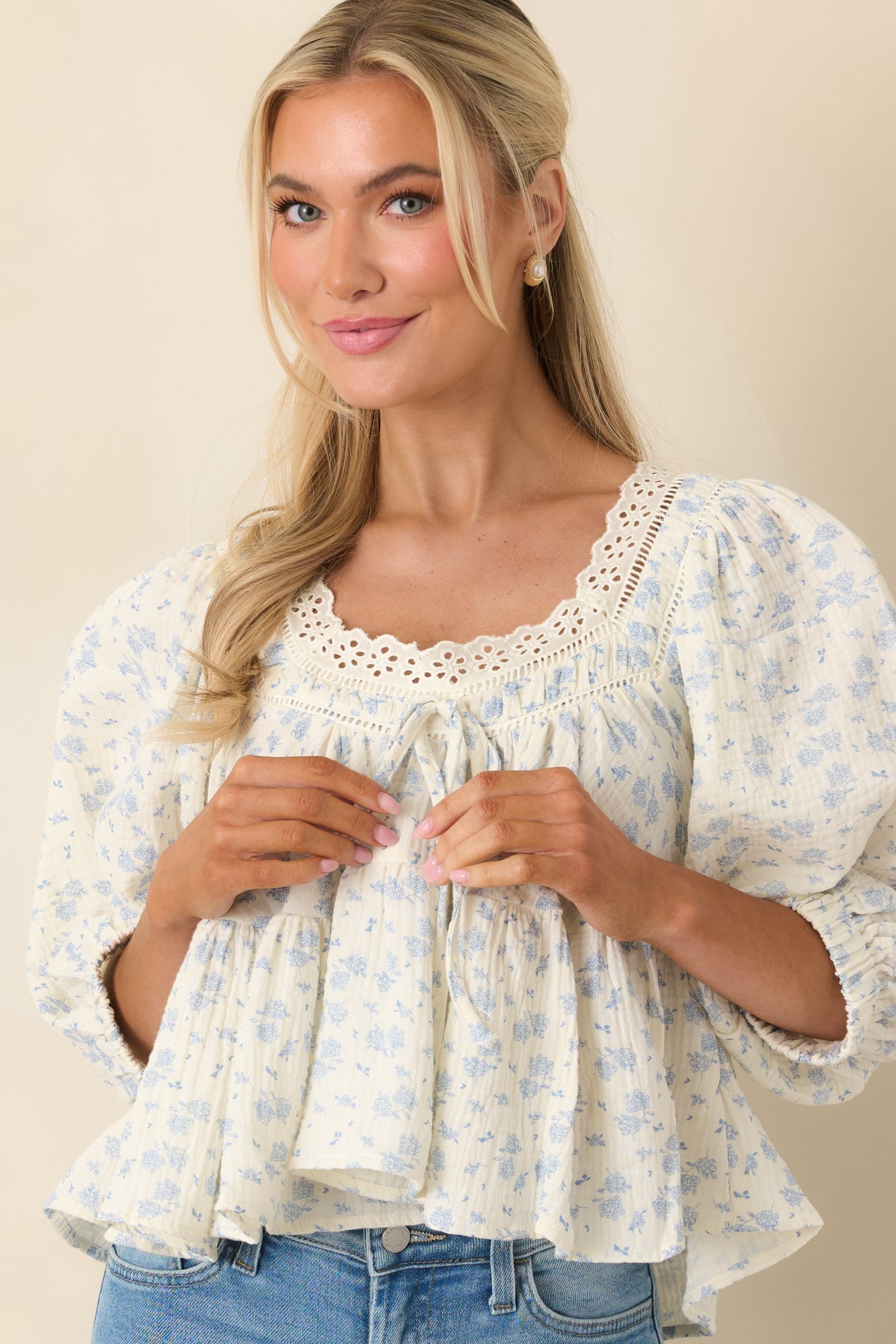 Women's Sweetest Story Ivory & Blue Floral Cotton Blouse | 100% Cotton 4